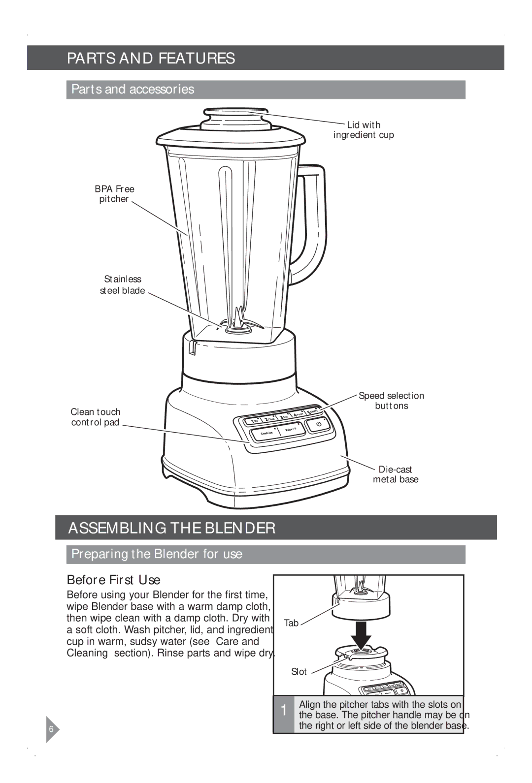 KitchenAid KSB1575 manual Parts and Features, Parts and accessories 