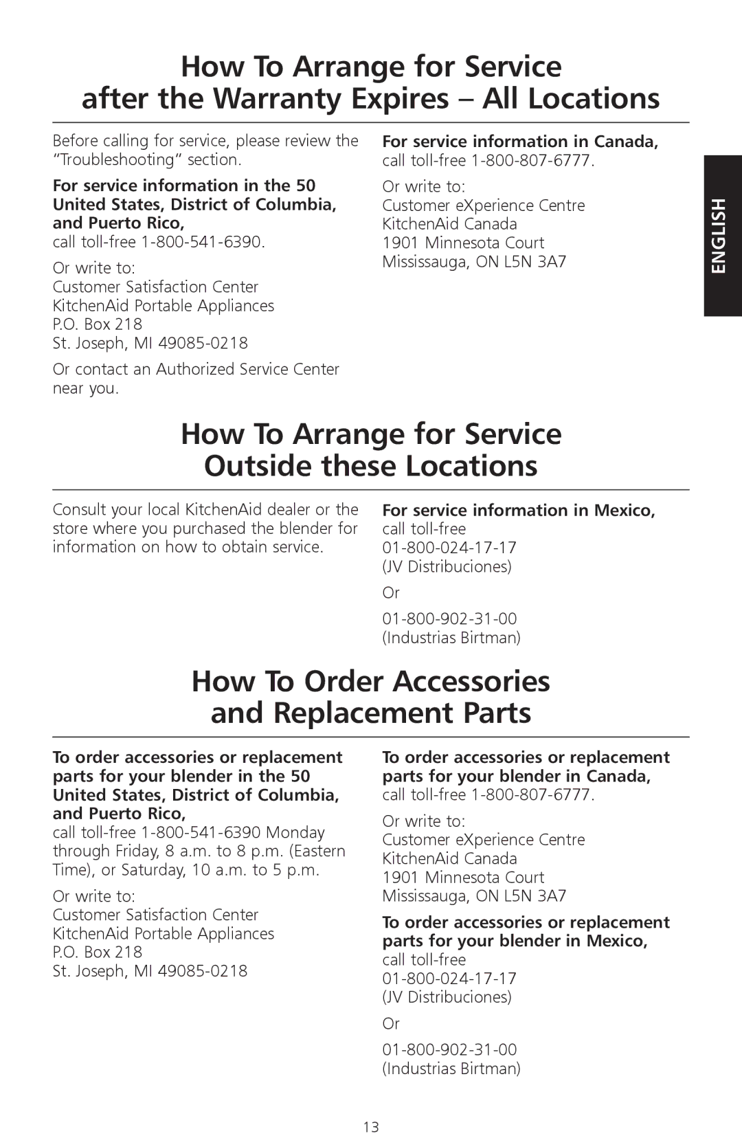 KitchenAid KSB465 manual How To Arrange for Service Outside these Locations, How To Order Accessories Replacement Parts 