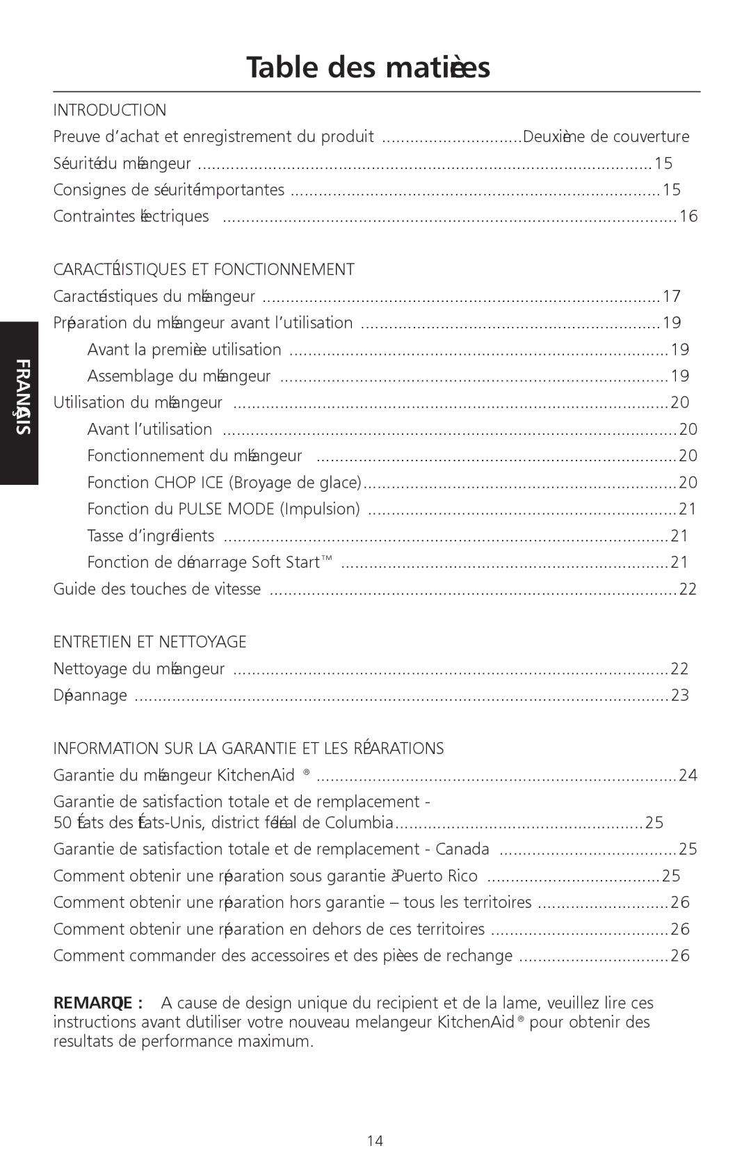 KitchenAid KSB465 manual Table des matières, Nettoyage du mélangeur Dépannage, Resultats de performance maximum 