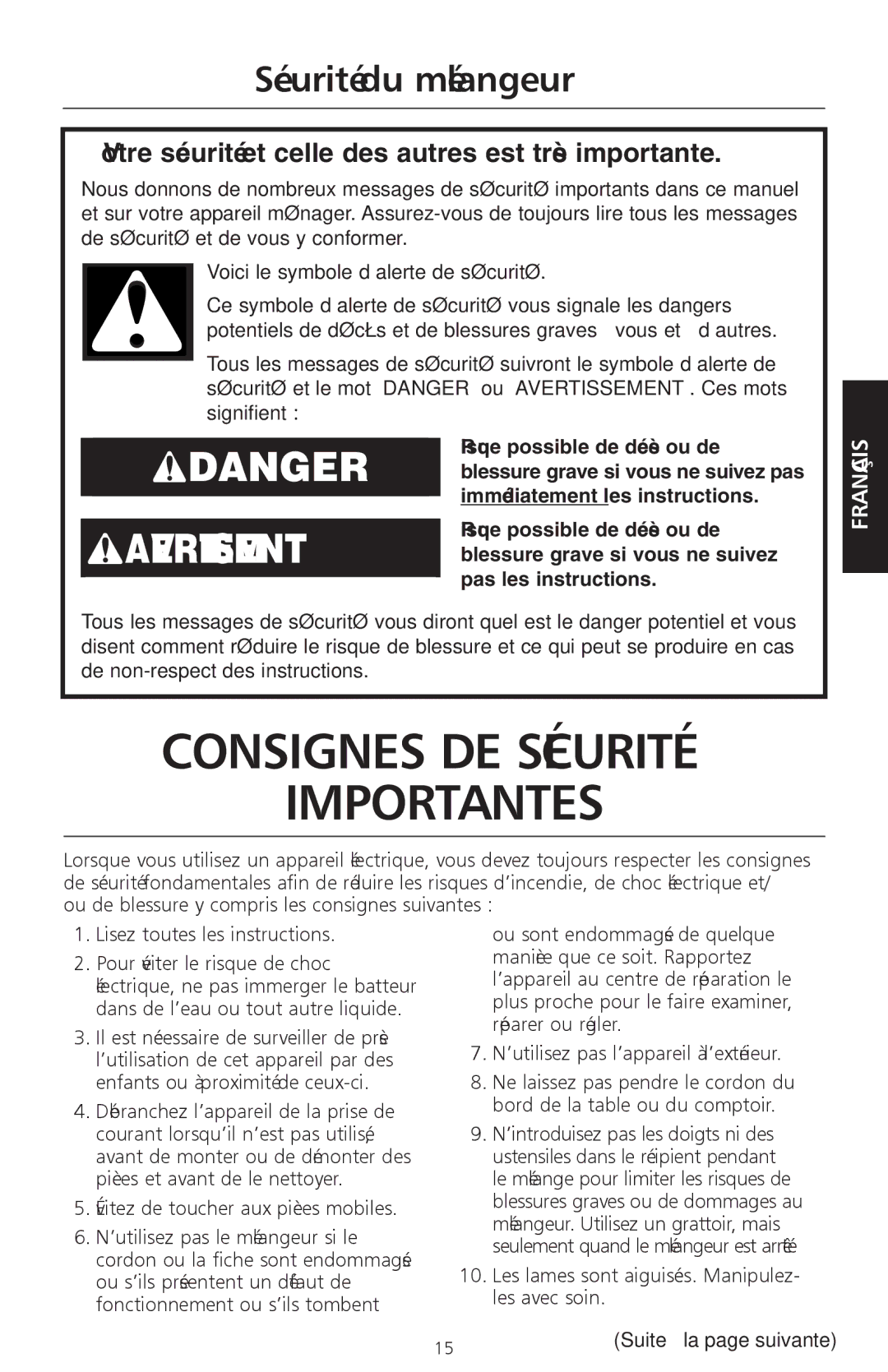 KitchenAid KSB465 manual Sécurité du mélangeur 