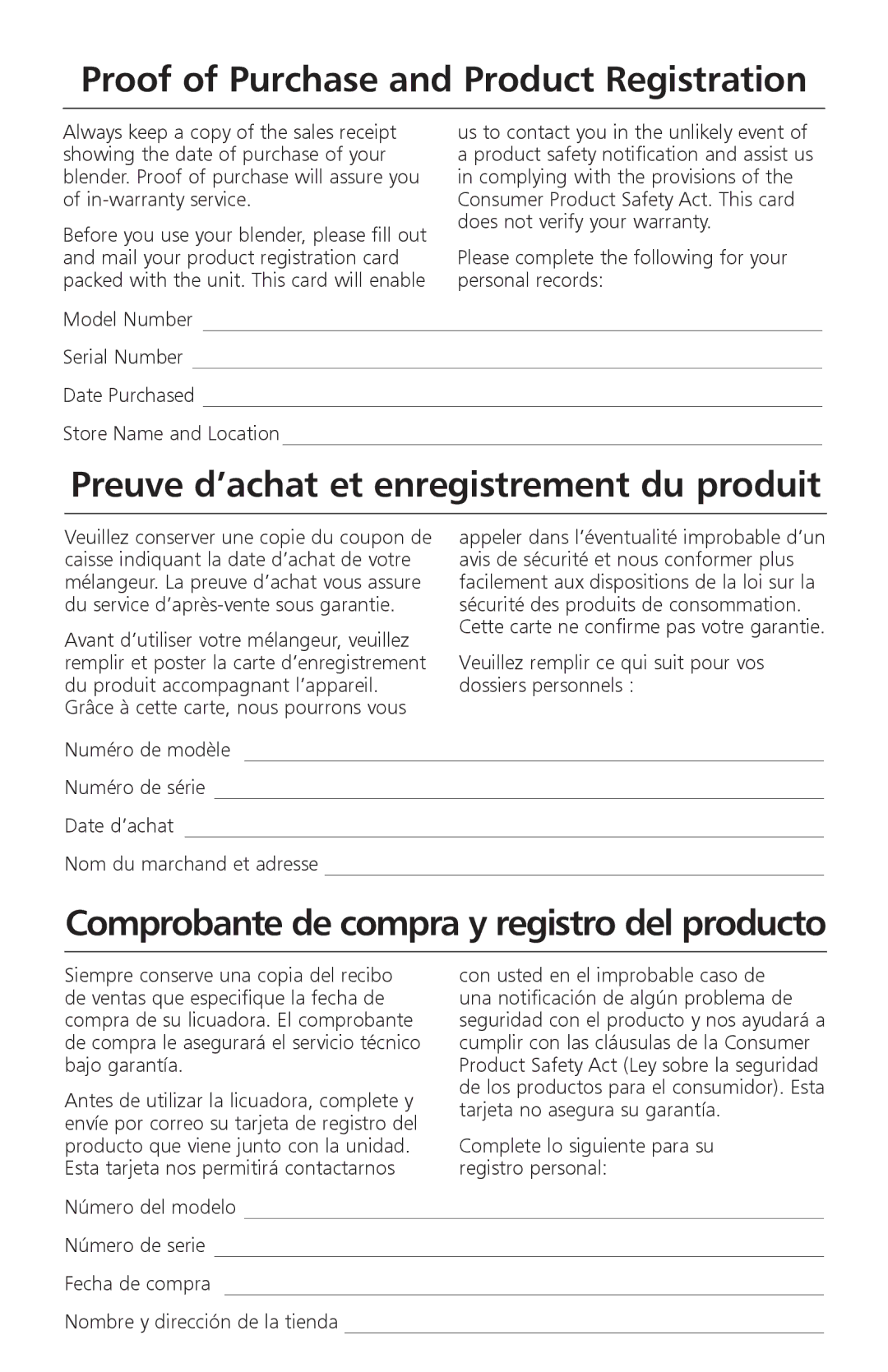 KitchenAid KSB465 manual Proof of Purchase and Product Registration, Preuve d’achat et enregistrement du produit 