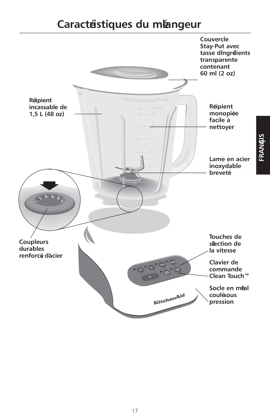 KitchenAid KSB465 manual Caractéristiques du mélangeur 