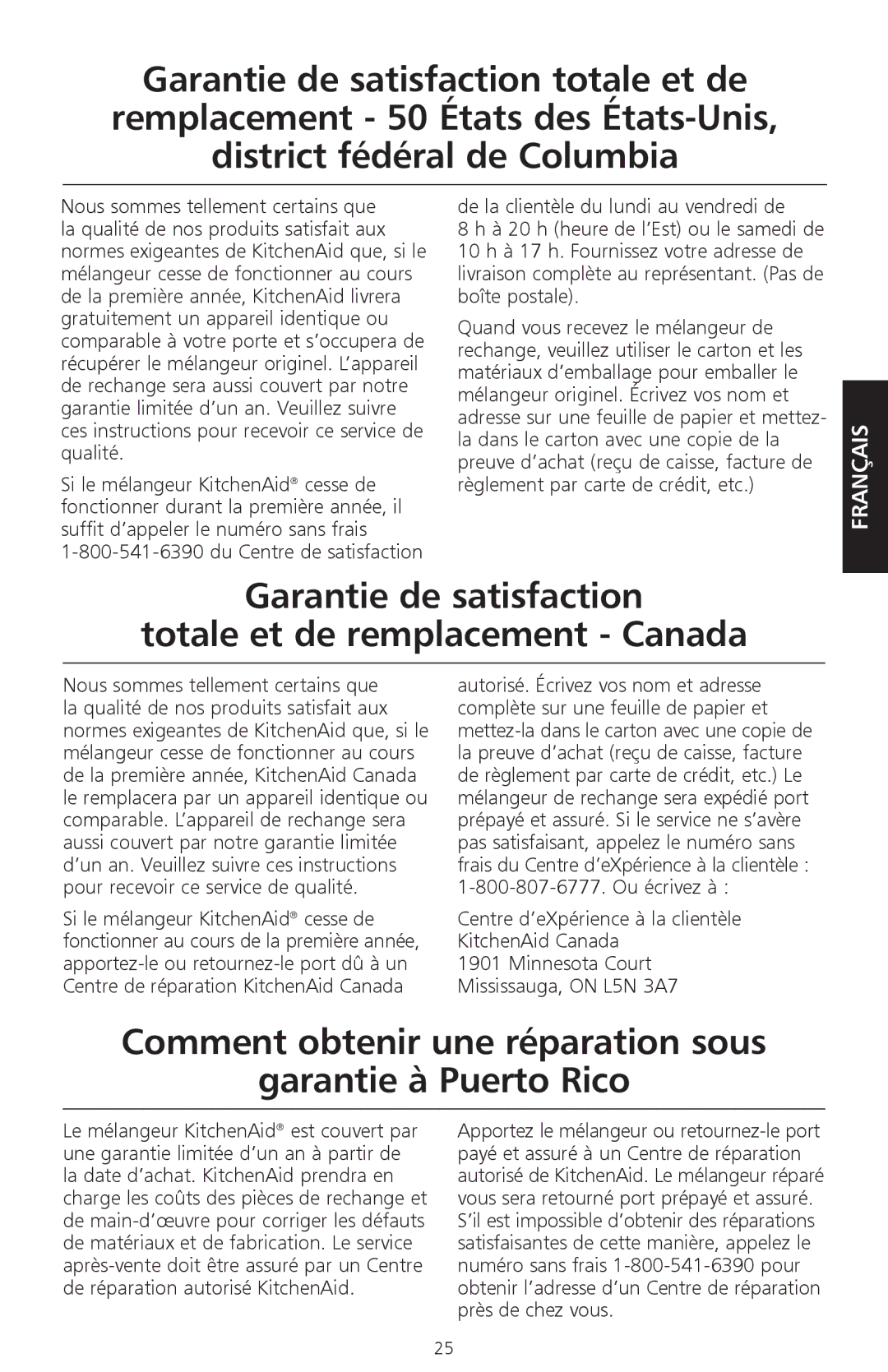 KitchenAid KSB465 manual Garantie de satisfaction Totale et de remplacement Canada 