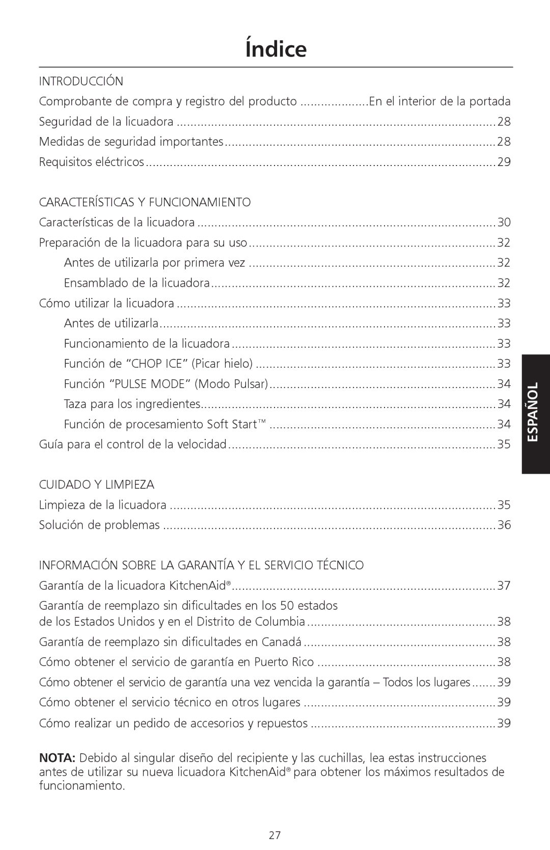 KitchenAid KSB465 manual Índice, Limpieza de la licuadora Solución de problemas 