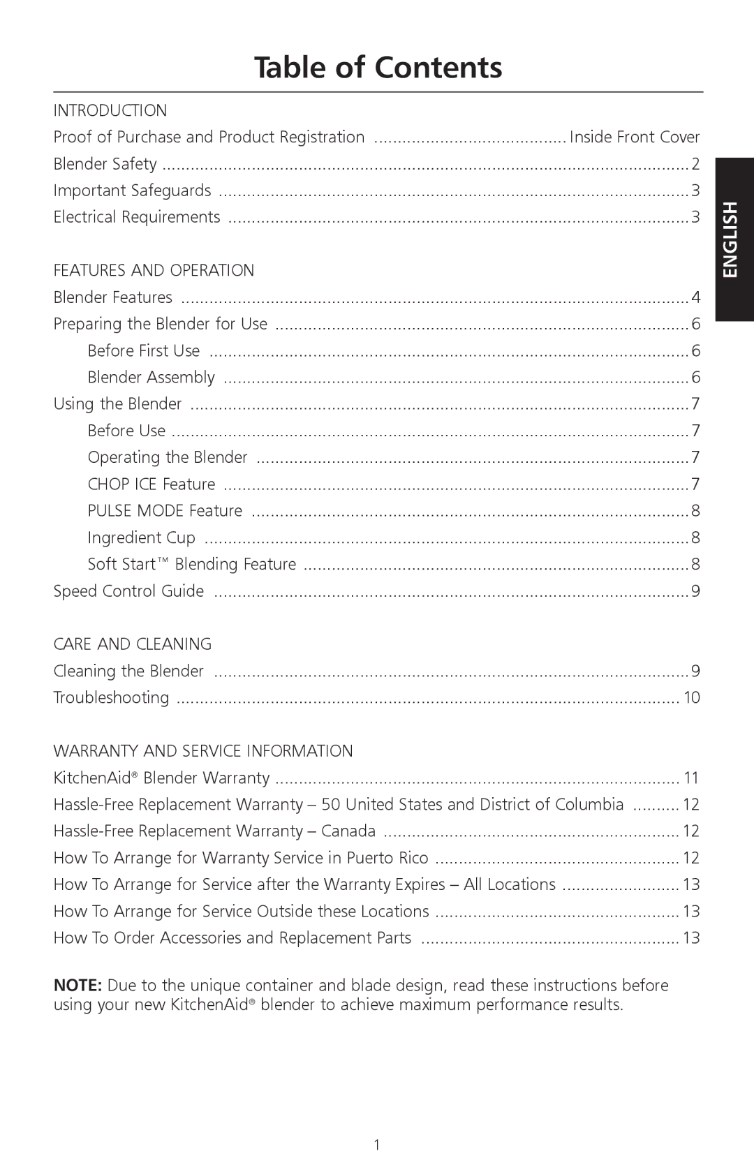 KitchenAid KSB465 manual Table of Contents 
