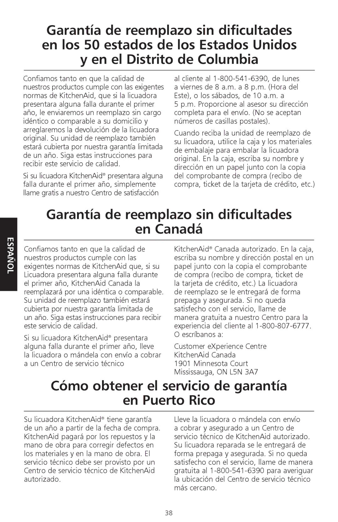 KitchenAid KSB465 Garantía de reemplazo sin dificultades En Canadá, Cómo obtener el servicio de garantía En Puerto Rico 