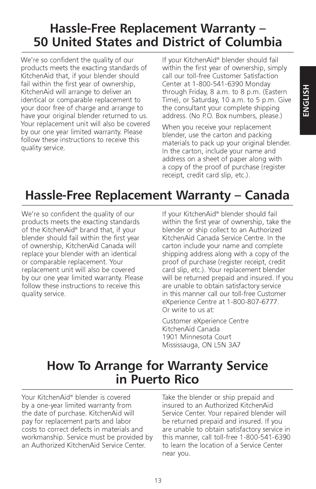 KitchenAid KSB540, 9709948A manual Hassle-Free Replacement Warranty Canada, How To Arrange for Warranty Service Puerto Rico 