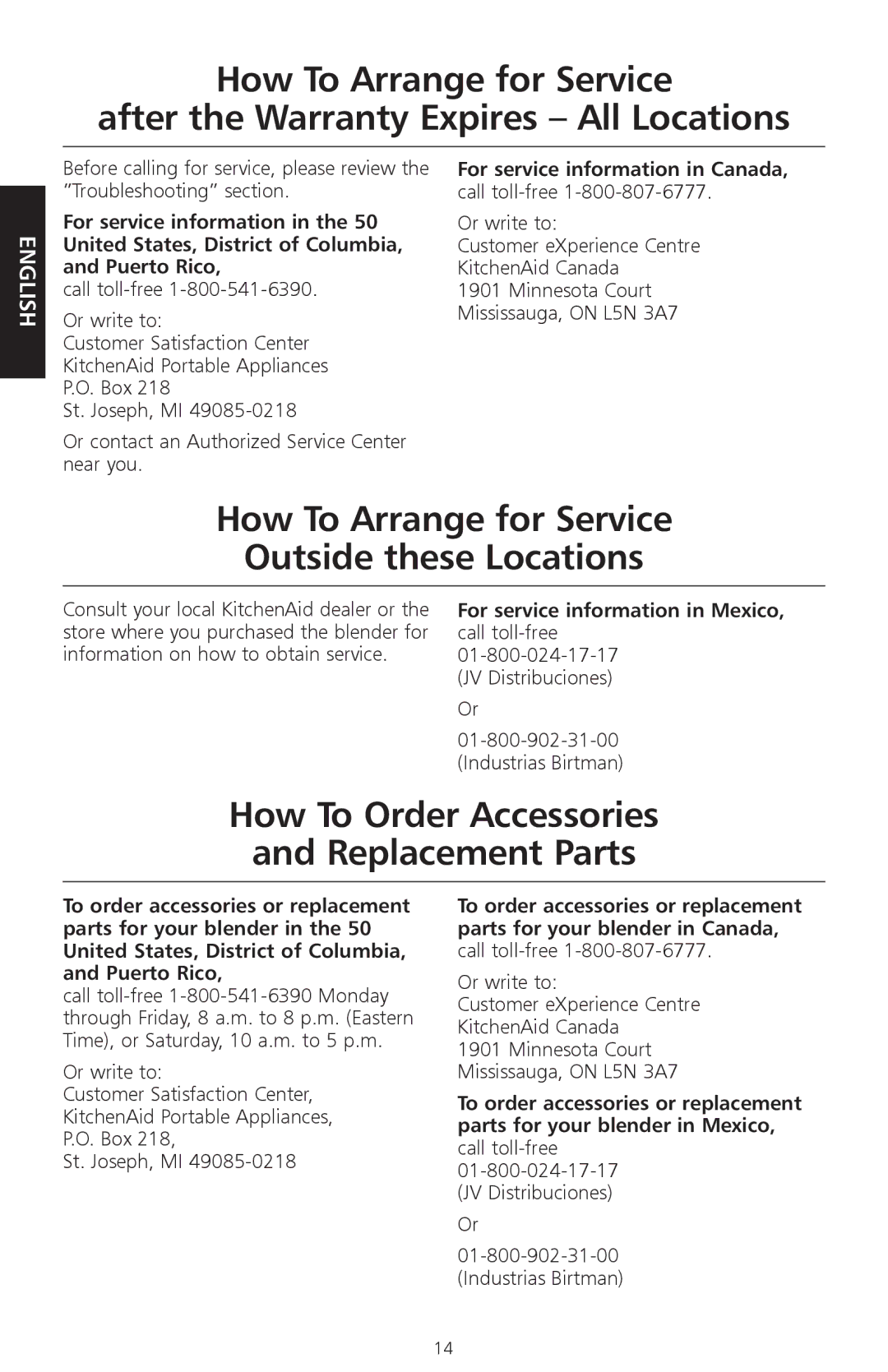 KitchenAid 9709948A, KSB540 How To Arrange for Service Outside these Locations, How To Order Accessories Replacement Parts 