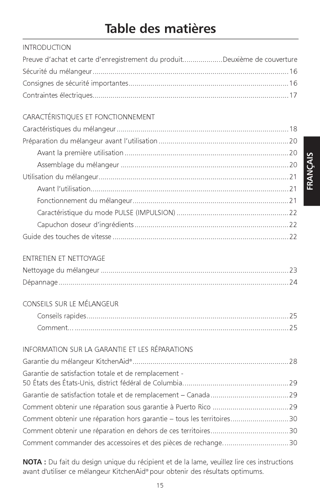 KitchenAid KSB540 Table des matières, Capuchon doseur d’ingrédients Guide des touches de vitesse, Conseils rapides Comment 