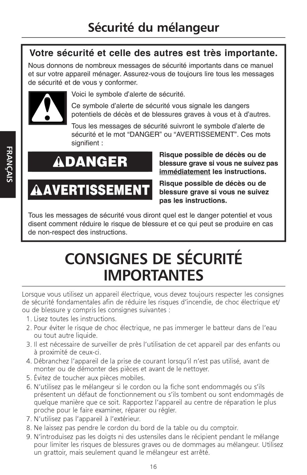 KitchenAid 9709948A, KSB540 manual Sécurité du mélangeur, Votre sécurité et celle des autres est très importante 