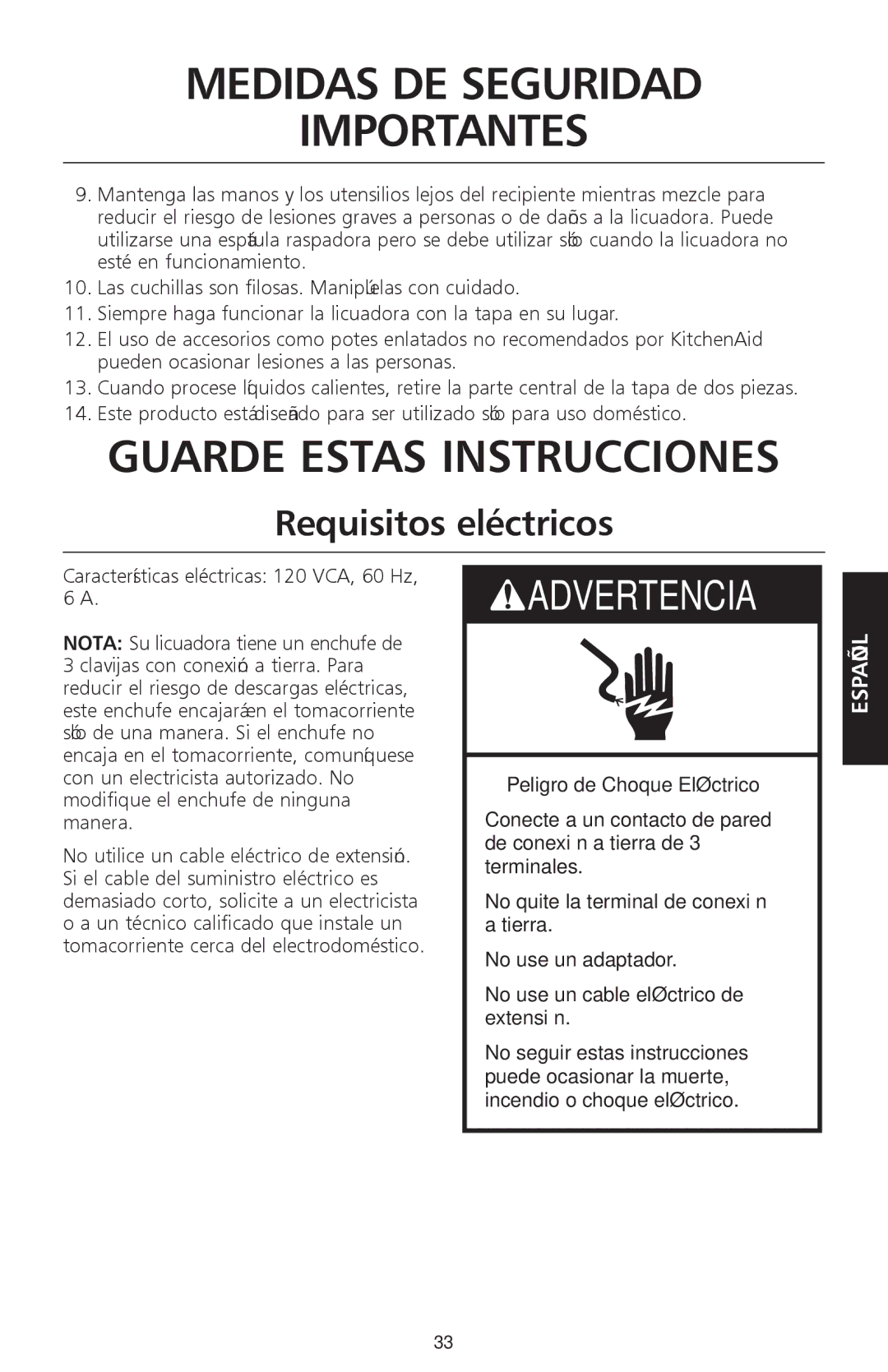 KitchenAid KSB540, 9709948A manual Guarde Estas Instrucciones, Requisitos eléctricos 