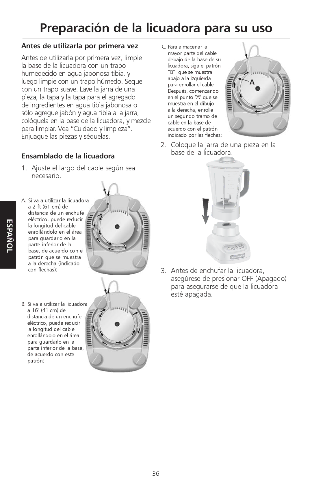 KitchenAid 9709948A, KSB540 manual Preparación de la licuadora para su uso, Antes de utilizarla por primera vez 