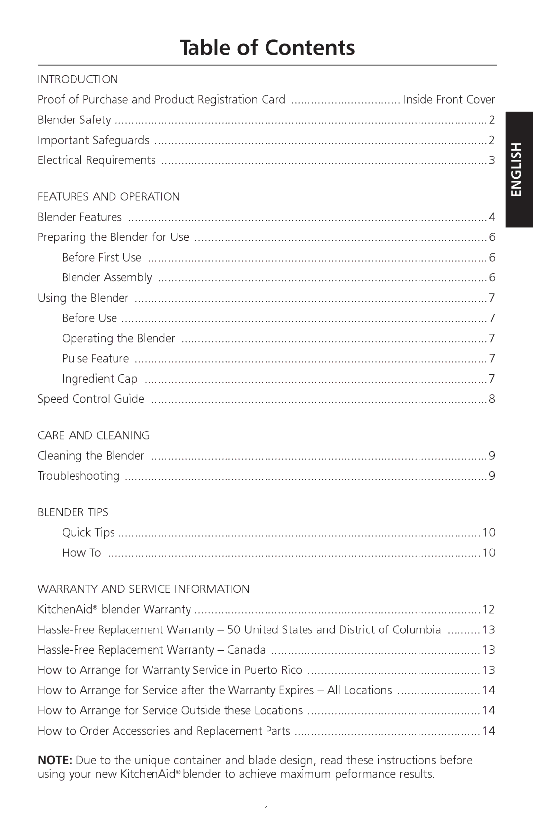 KitchenAid KSB540, 9709948A manual Table of Contents 