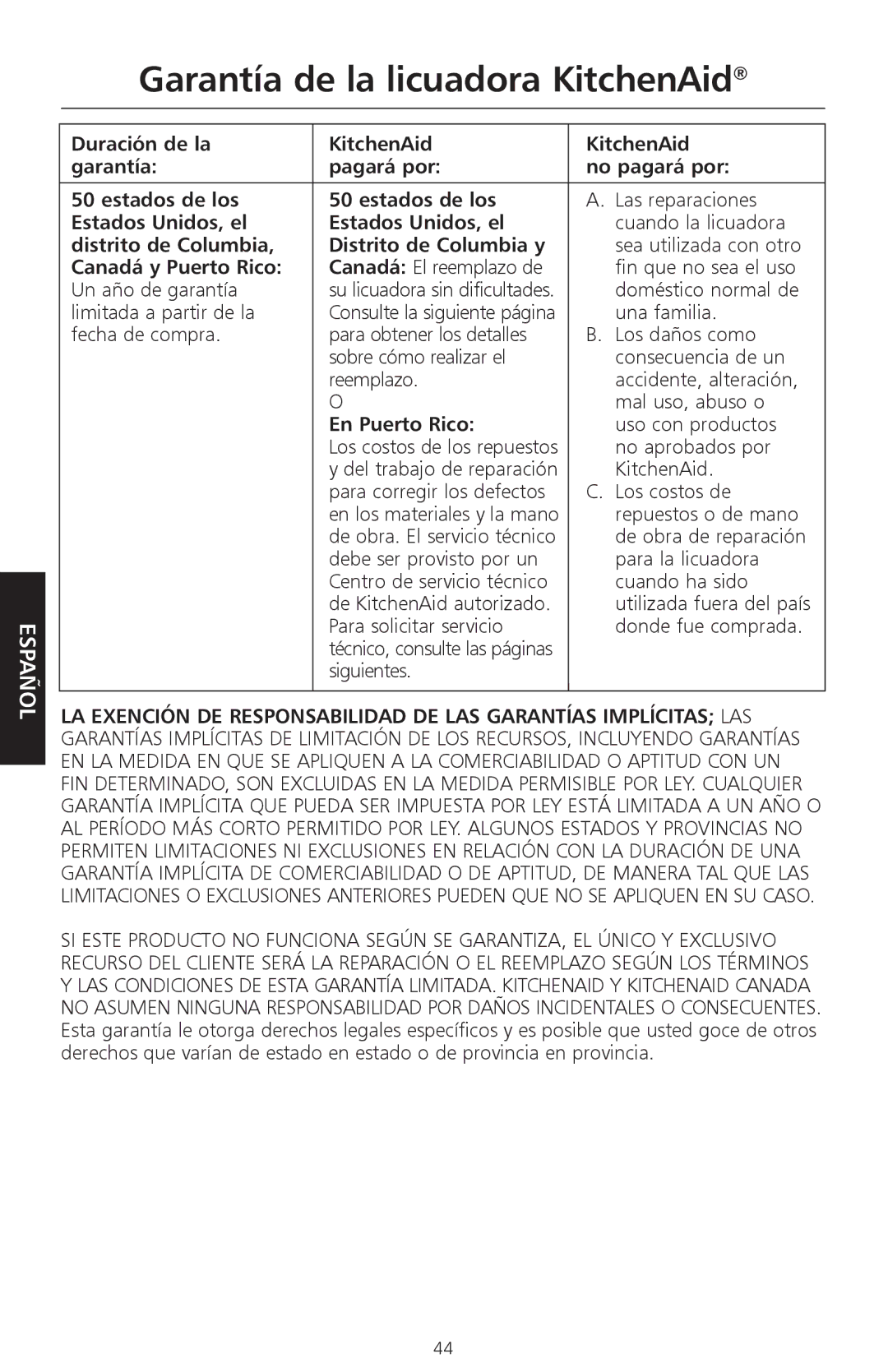 KitchenAid 9709948A Garantía de la licuadora KitchenAid, Estados Unidos, el, Distrito de Columbia Distrito de Columbia y 