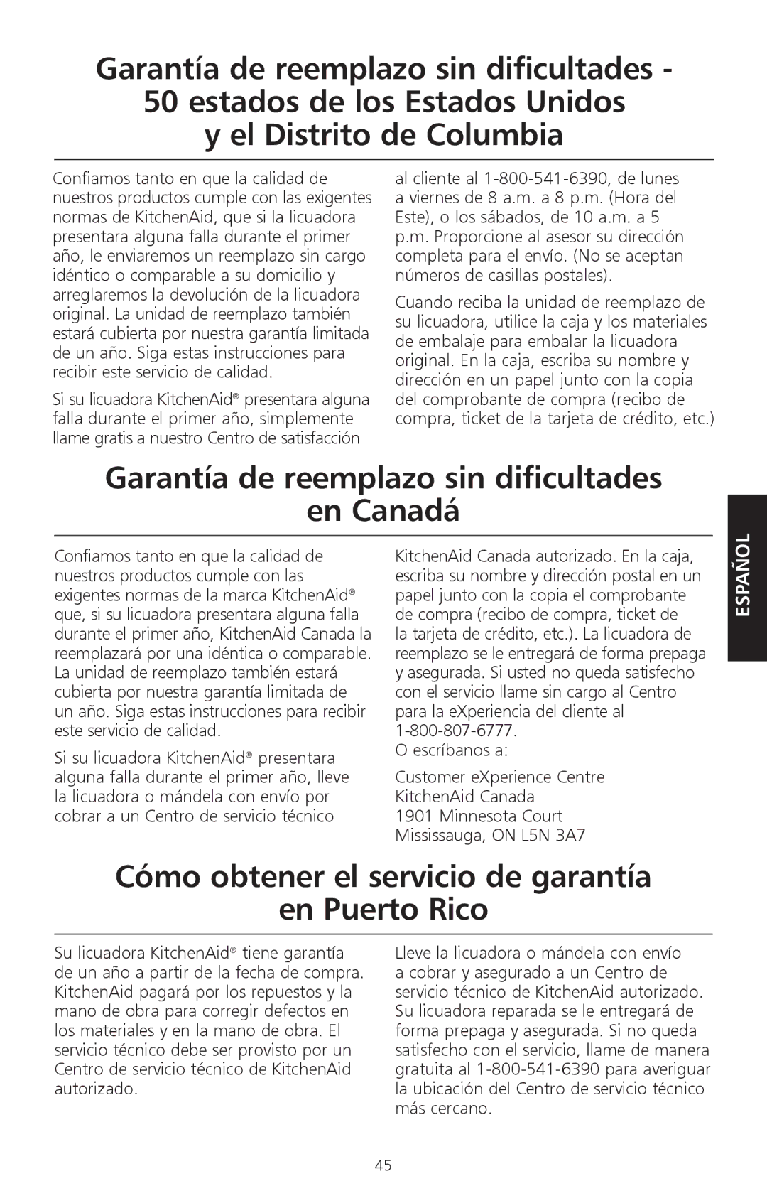 KitchenAid KSB540 Garantía de reemplazo sin dificultades En Canadá, Cómo obtener el servicio de garantía En Puerto Rico 