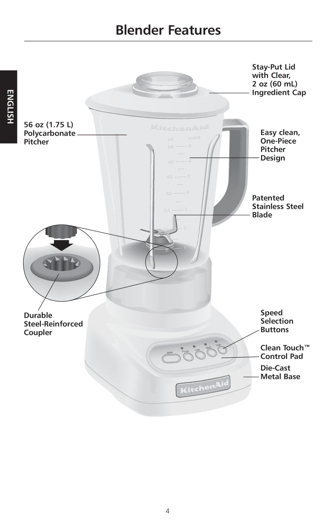 KitchenAid 9709948A, KSB540 manual Blender Features 