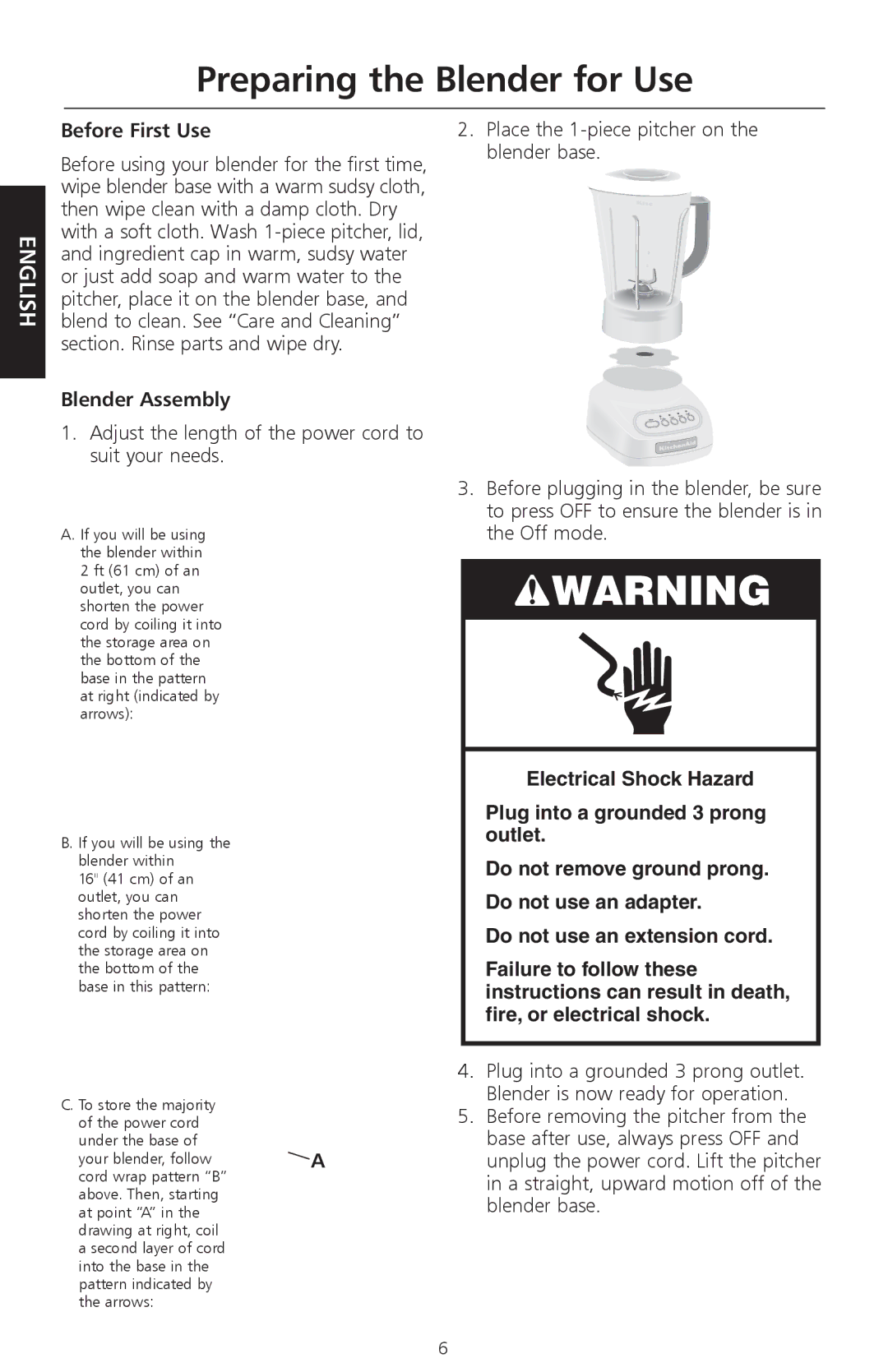 KitchenAid 9709948A, KSB540 manual Preparing the Blender for Use, Before First Use, Blender Assembly 