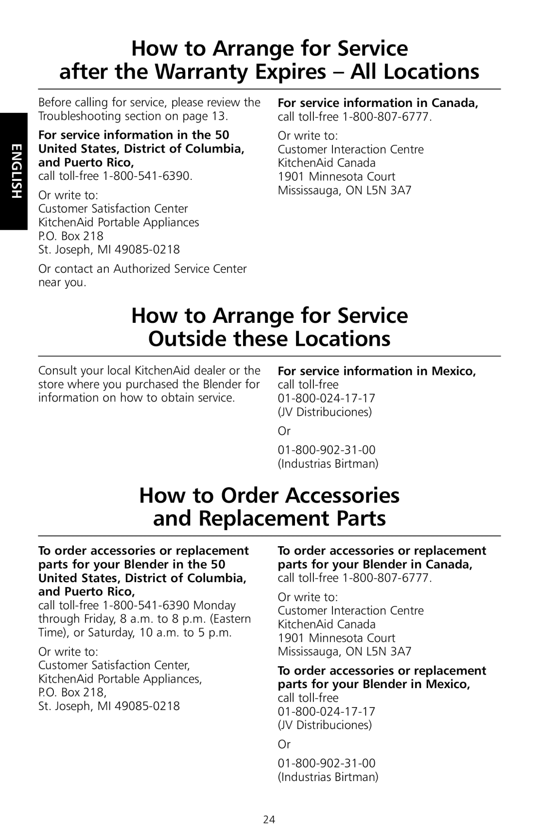 KitchenAid KSB550 manual How to Arrange for Service Outside these Locations, How to Order Accessories Replacement Parts 