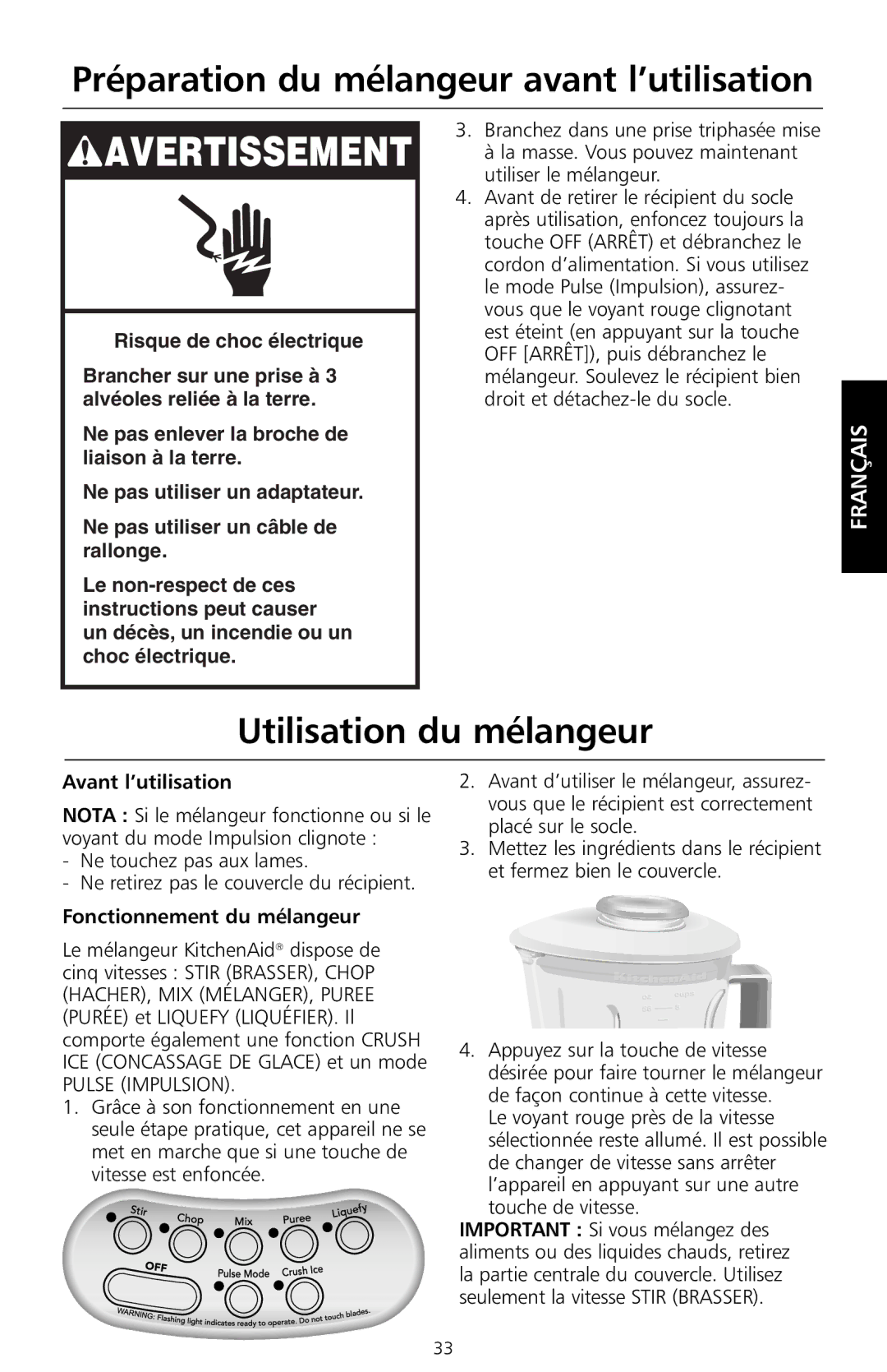 KitchenAid KSB550 manual Utilisation du mélangeur, Avant l’utilisation, Fonctionnement du mélangeur, Pulse Impulsion 