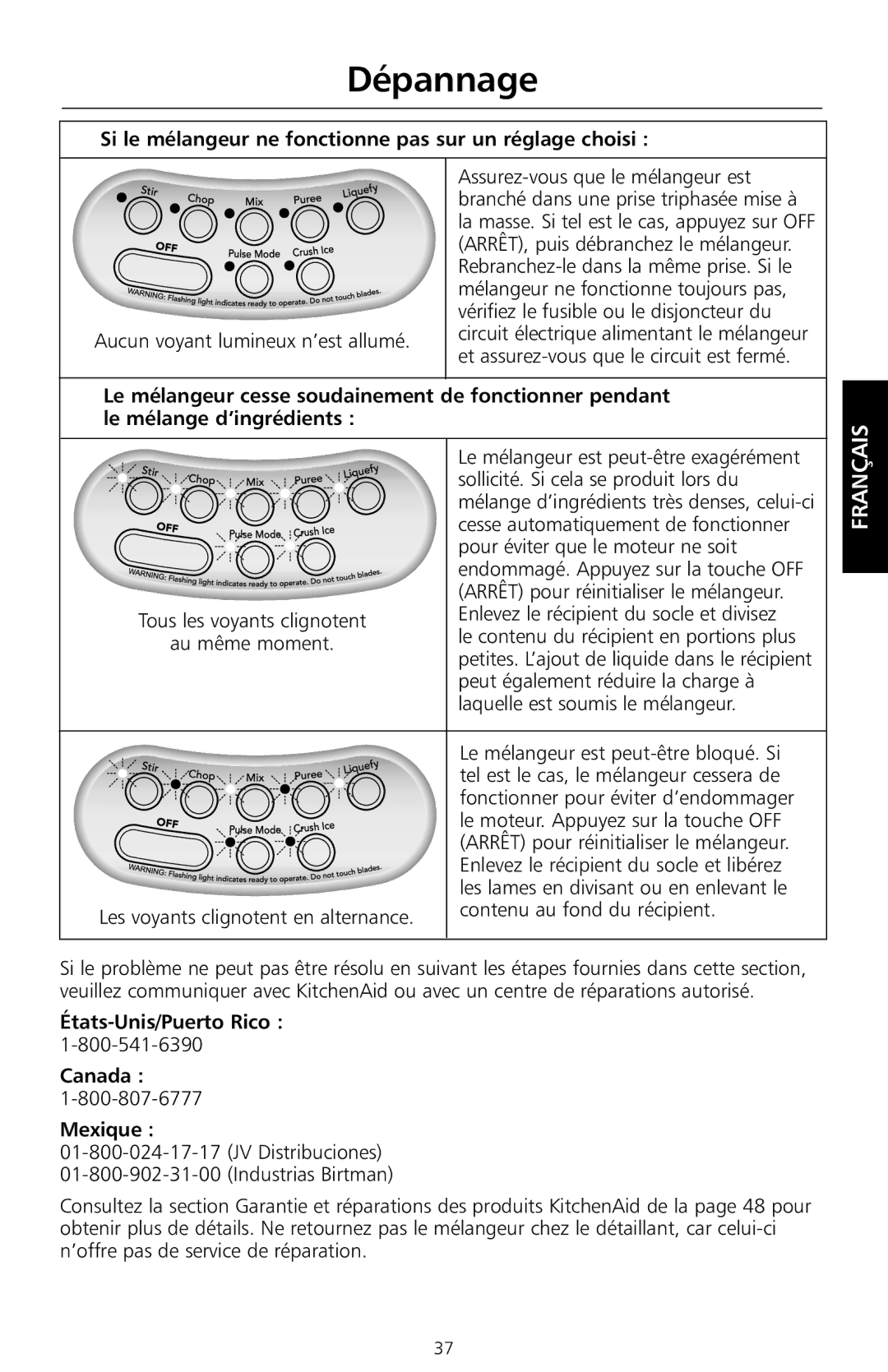 KitchenAid KSB550 manual Dépannage, Si le mélangeur ne fonctionne pas sur un réglage choisi 