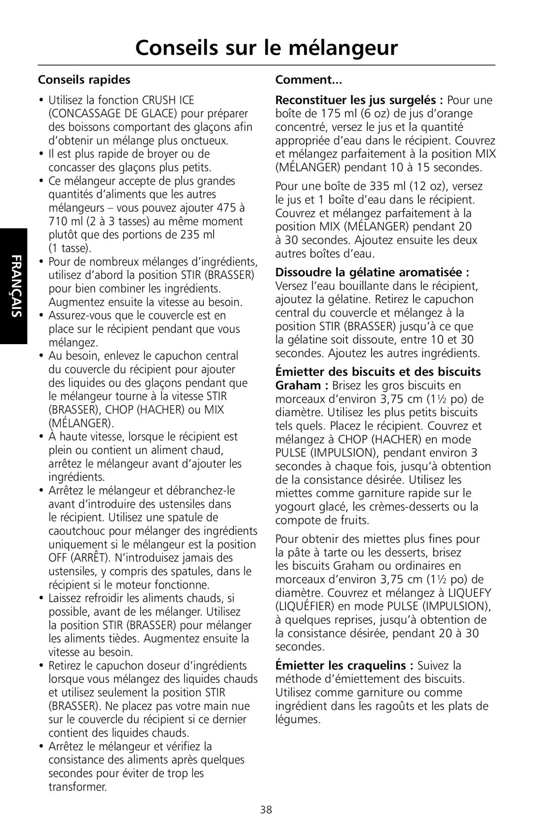 KitchenAid KSB550 manual Conseils sur le mélangeur, Conseils rapides, Tasse, Comment 