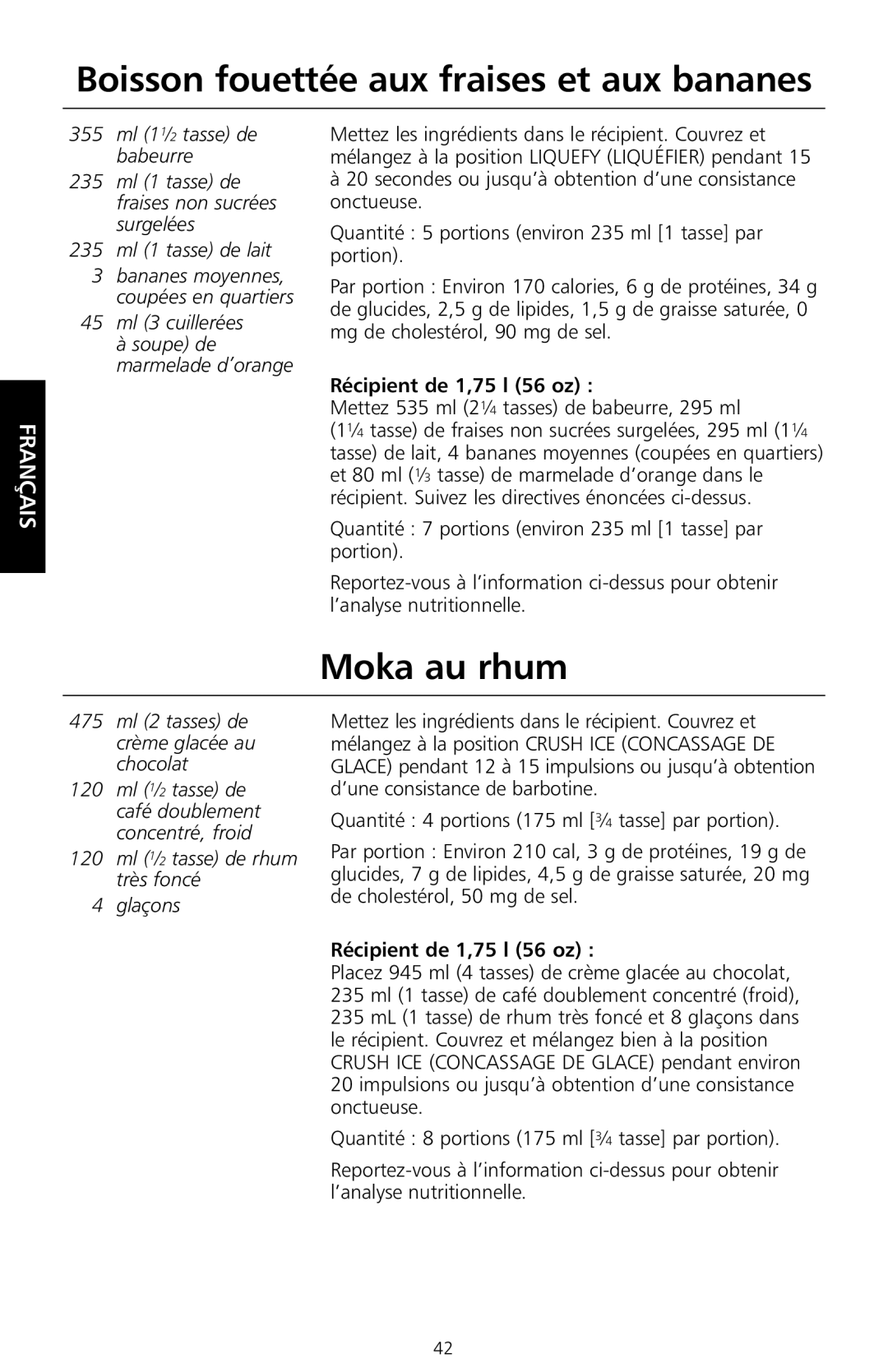 KitchenAid KSB550 manual Boisson fouettée aux fraises et aux bananes, Moka au rhum 