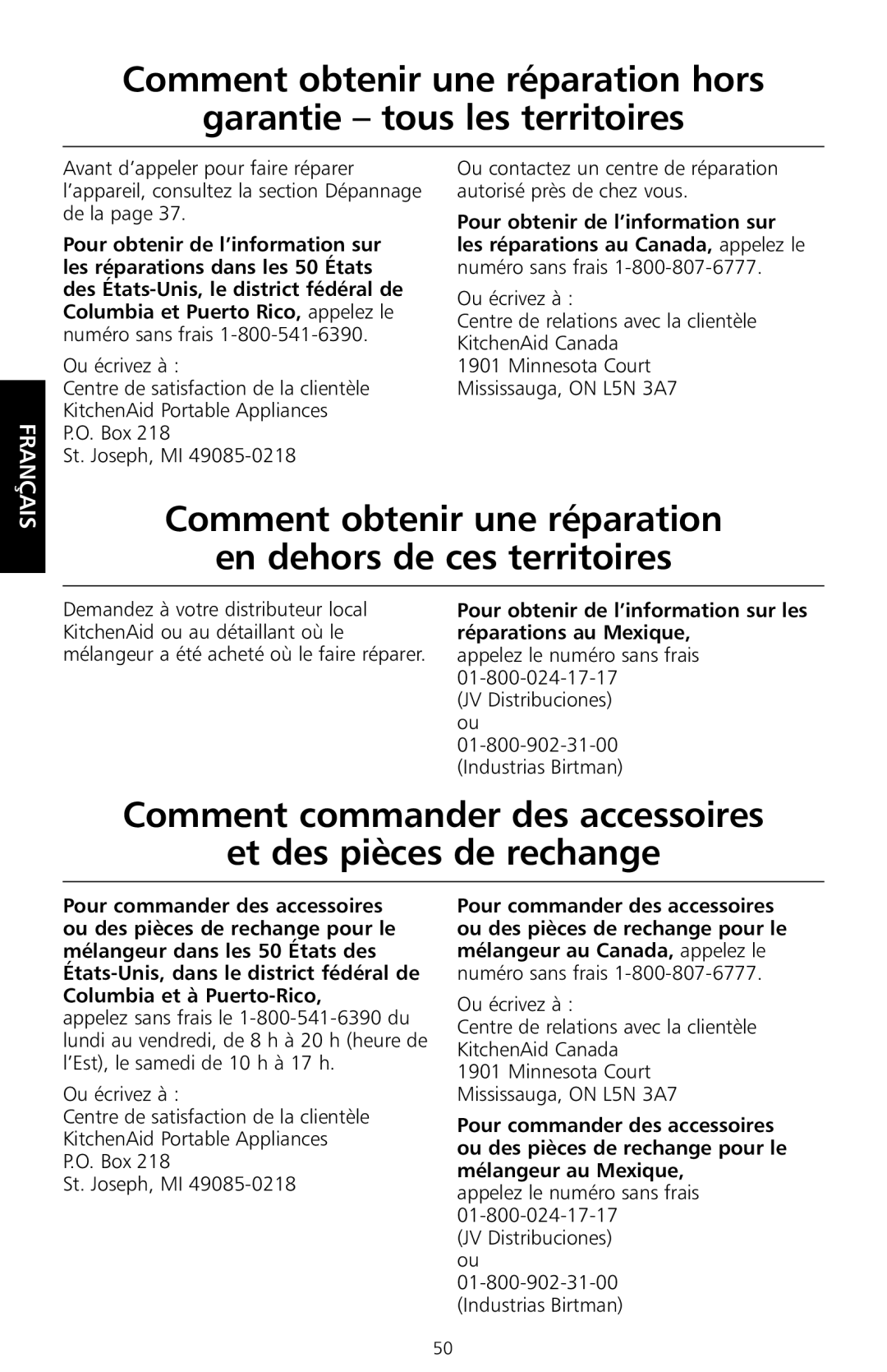 KitchenAid KSB550 manual Comment obtenir une réparation En dehors de ces territoires, Appelez le numéro sans frais 