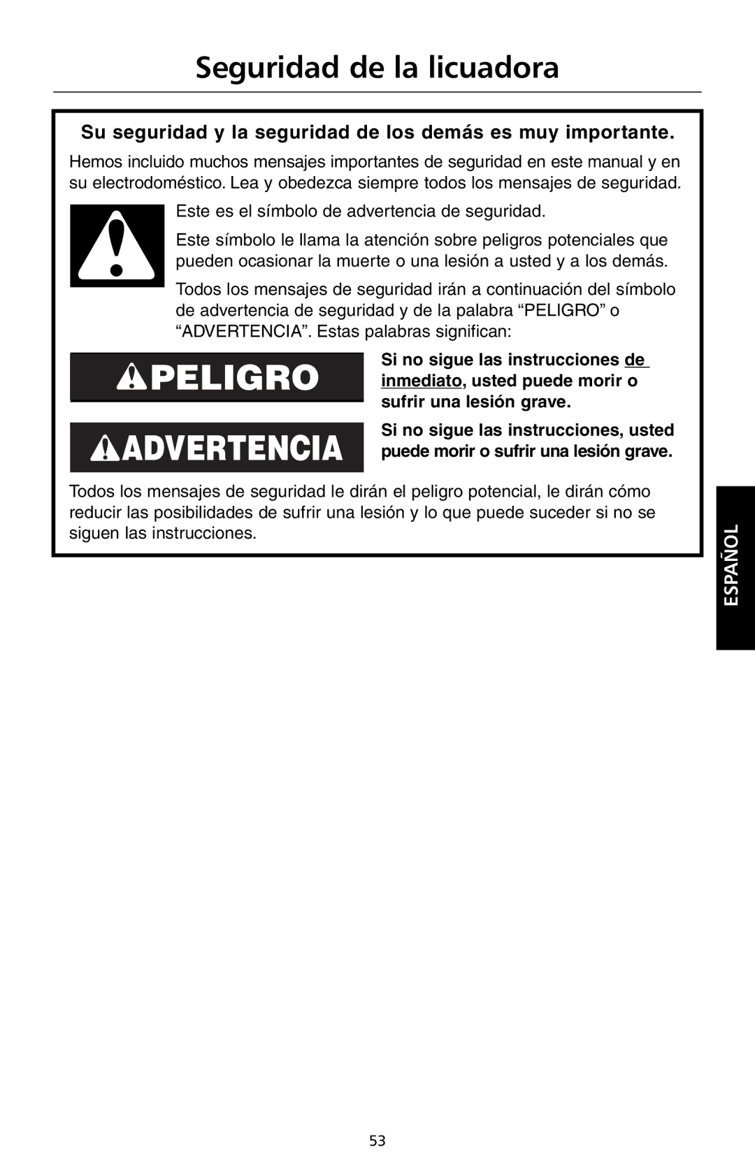 KitchenAid KSB550 manual Peligro Advertencia 