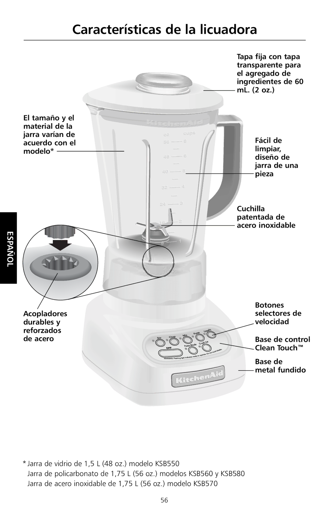 KitchenAid manual Características de la licuadora, Jarra de vidrio de 1,5 L 48 oz. modelo KSB550 