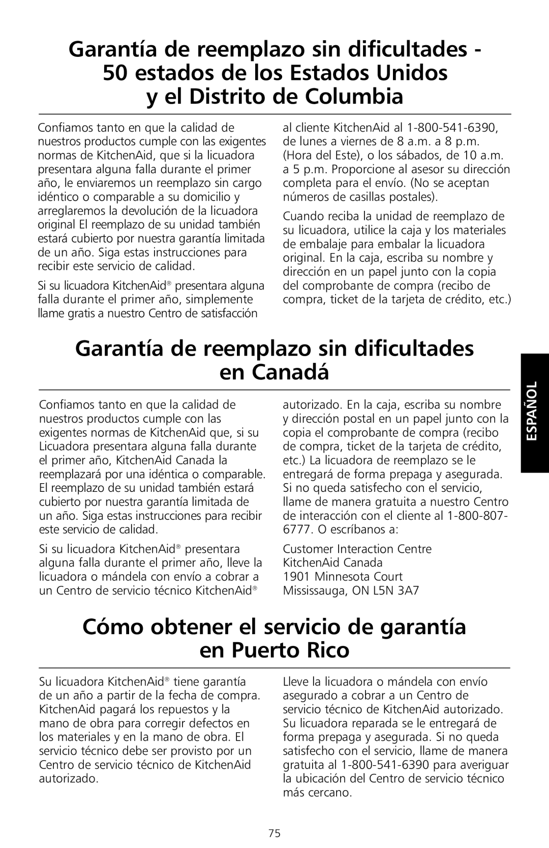 KitchenAid KSB550 Garantía de reemplazo sin dificultades En Canadá, Cómo obtener el servicio de garantía En Puerto Rico 