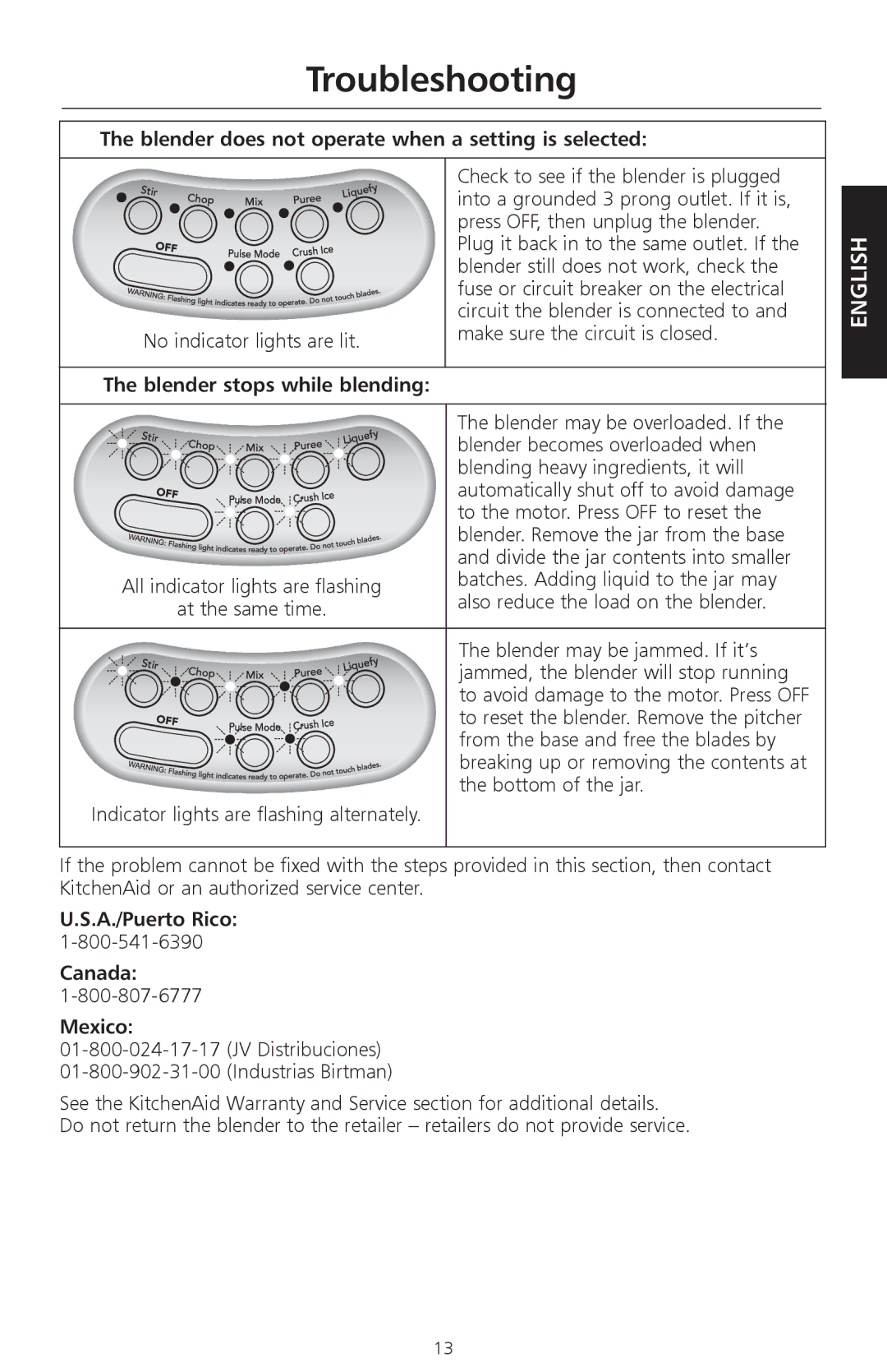 KitchenAid KSB580 manual Troubleshooting, Blender does not operate when a setting is selected, Blender stops while blending 