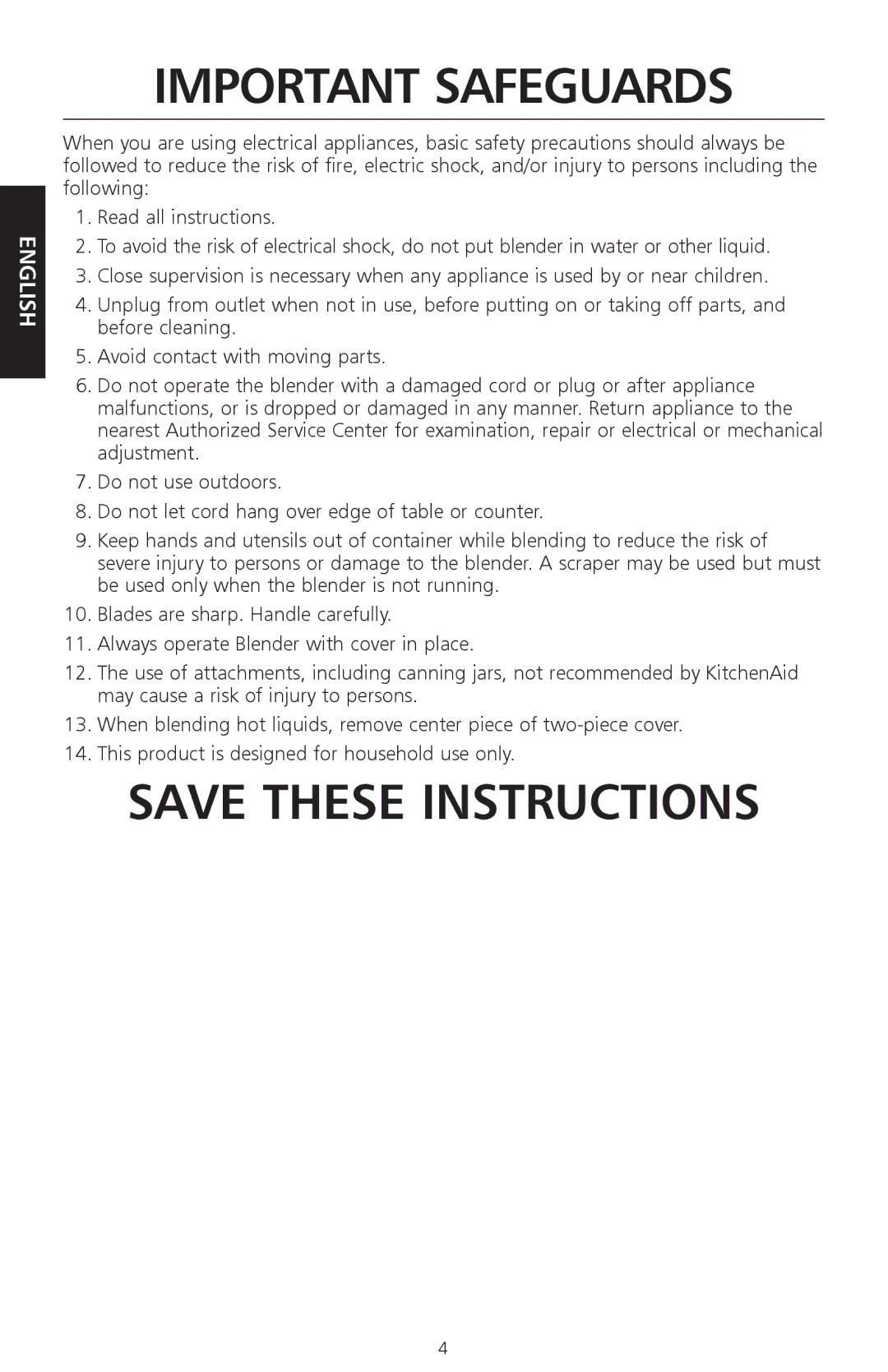 KitchenAid KSB570, KSB560, KSB550, KSB580 manual Important Safeguards 