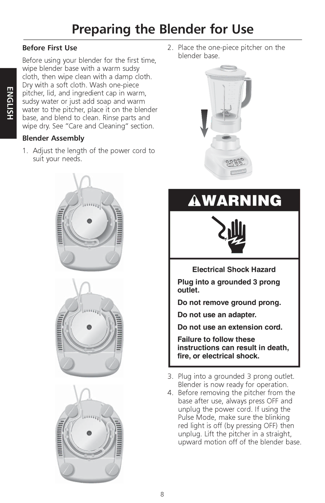 KitchenAid KSB580, KSB560, KSB570 manual Preparing the Blender for Use, Before First Use, Blender Assembly 