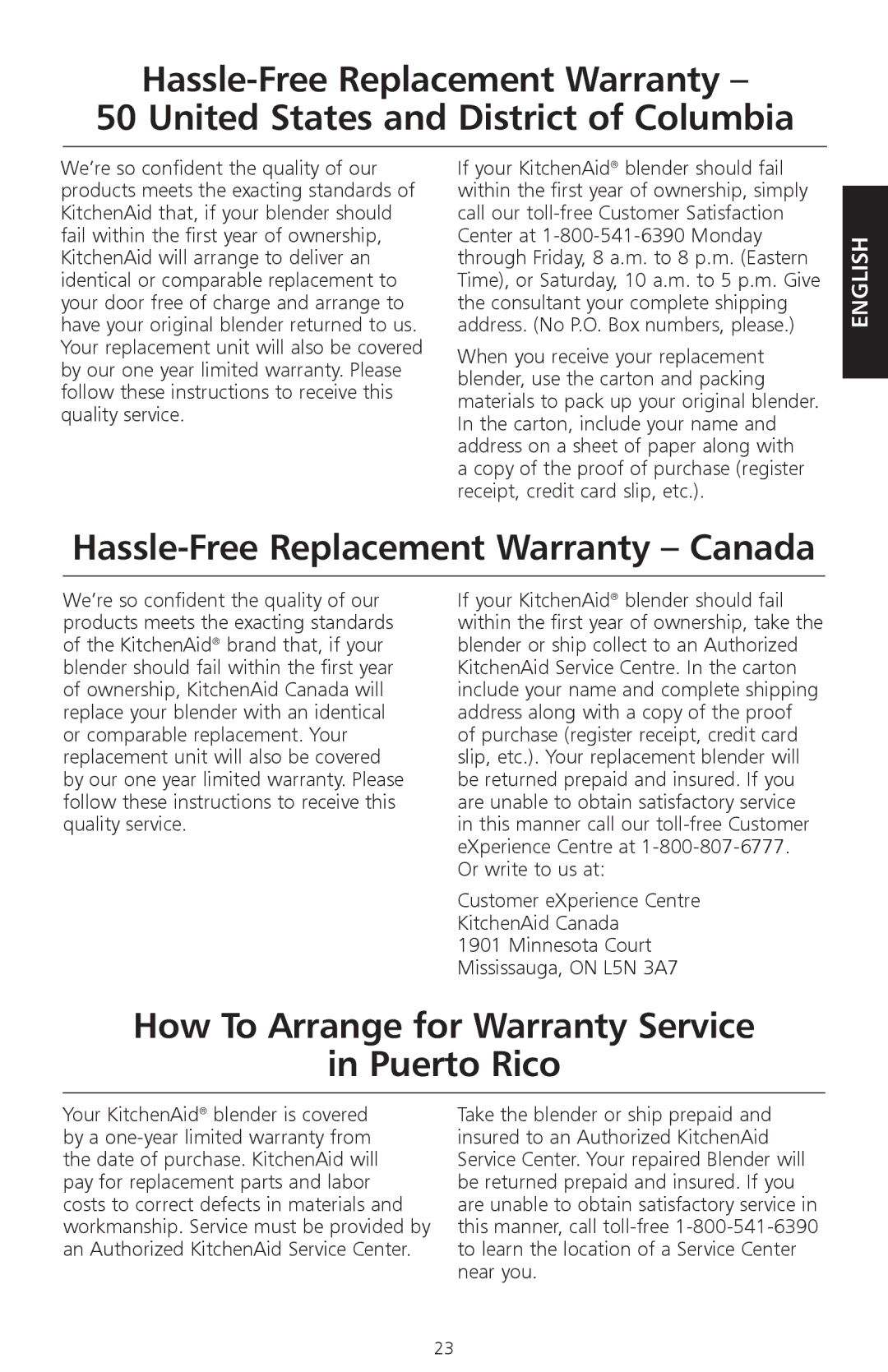 KitchenAid KSB580, KSB560, KSB570 Hassle-Free Replacement Warranty Canada, How To Arrange for Warranty Service Puerto Rico 