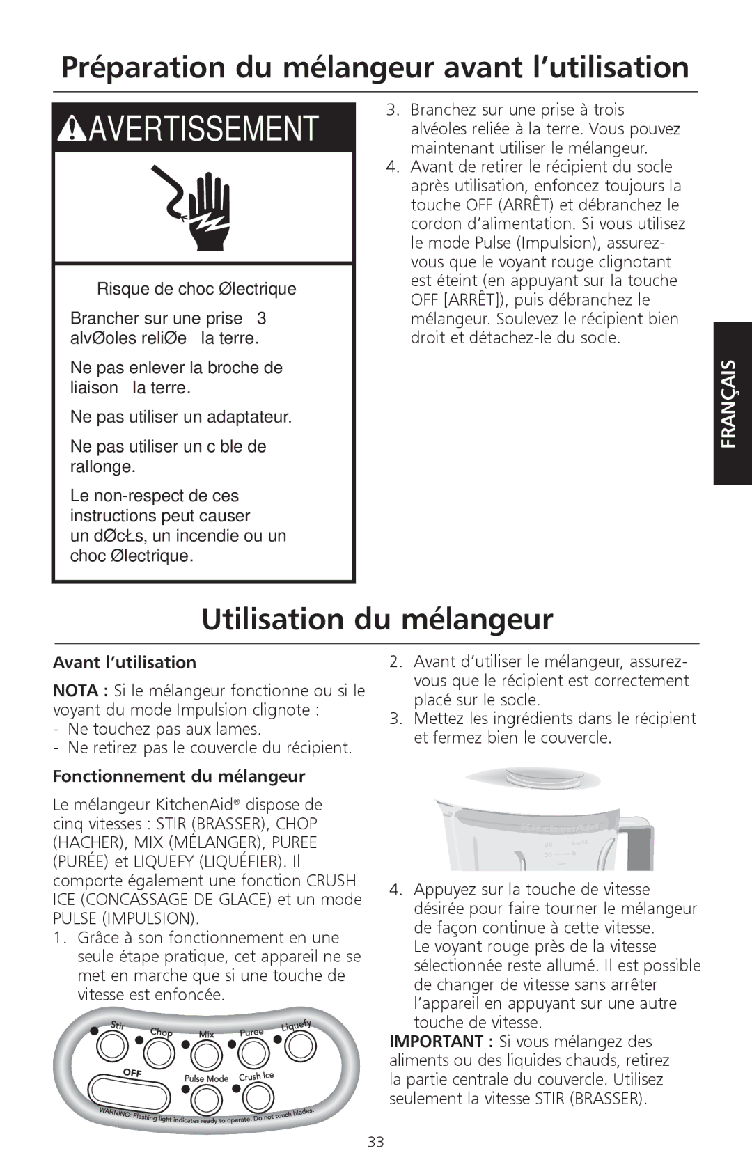 KitchenAid KSB560, KSB570 manual Utilisation du mélangeur, Avant l’utilisation, Fonctionnement du mélangeur, Pulse Impulsion 