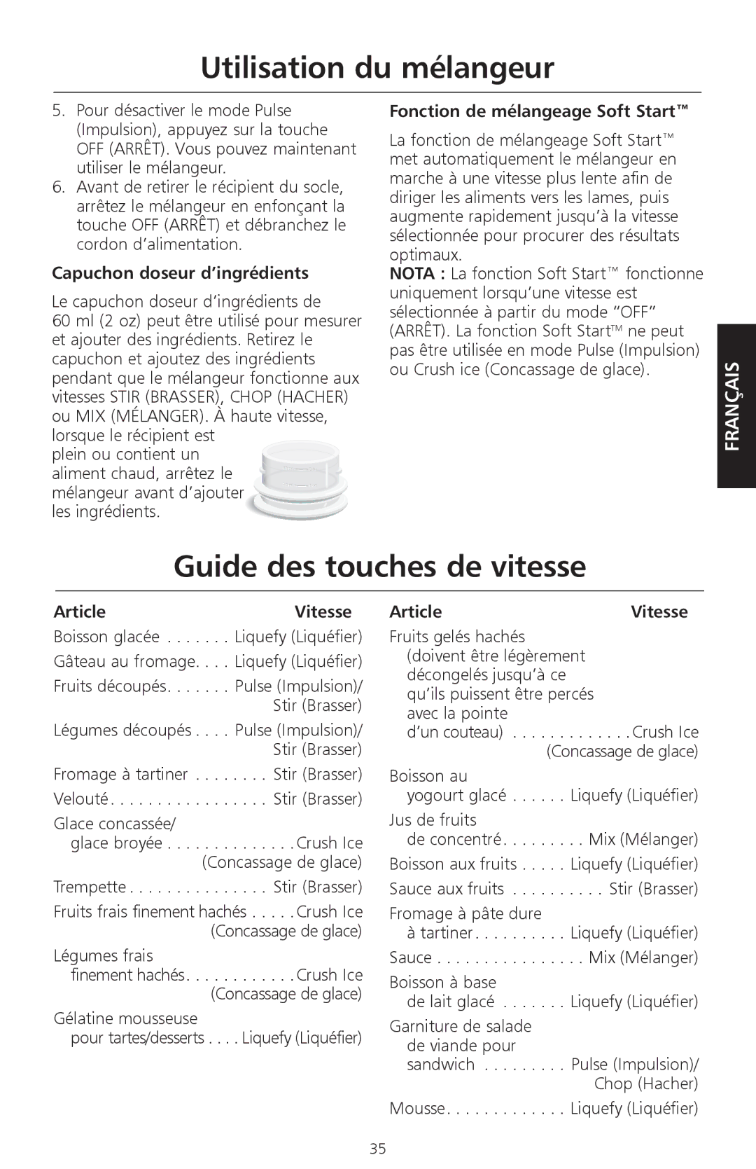 KitchenAid KSB580, KSB560 Guide des touches de vitesse, Capuchon doseur d’ingrédients, Fonction de mélangeage Soft Start 