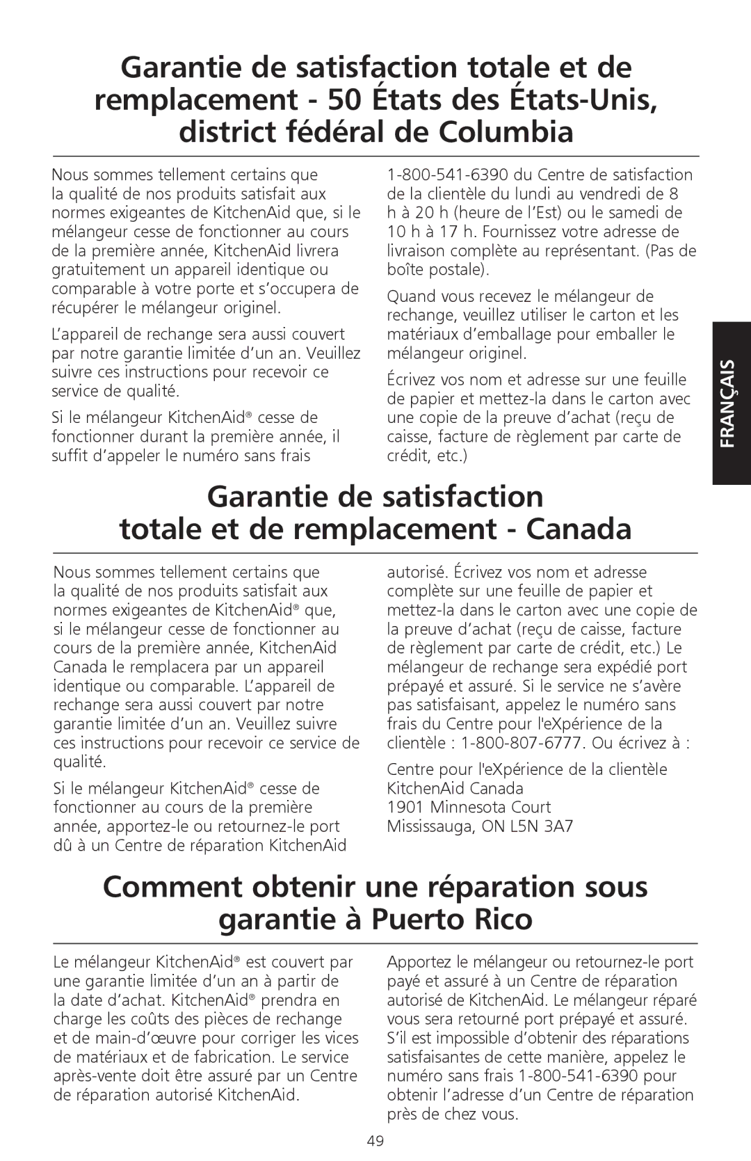 KitchenAid KSB570, KSB560, KSB580 manual Garantie de satisfaction Totale et de remplacement Canada 