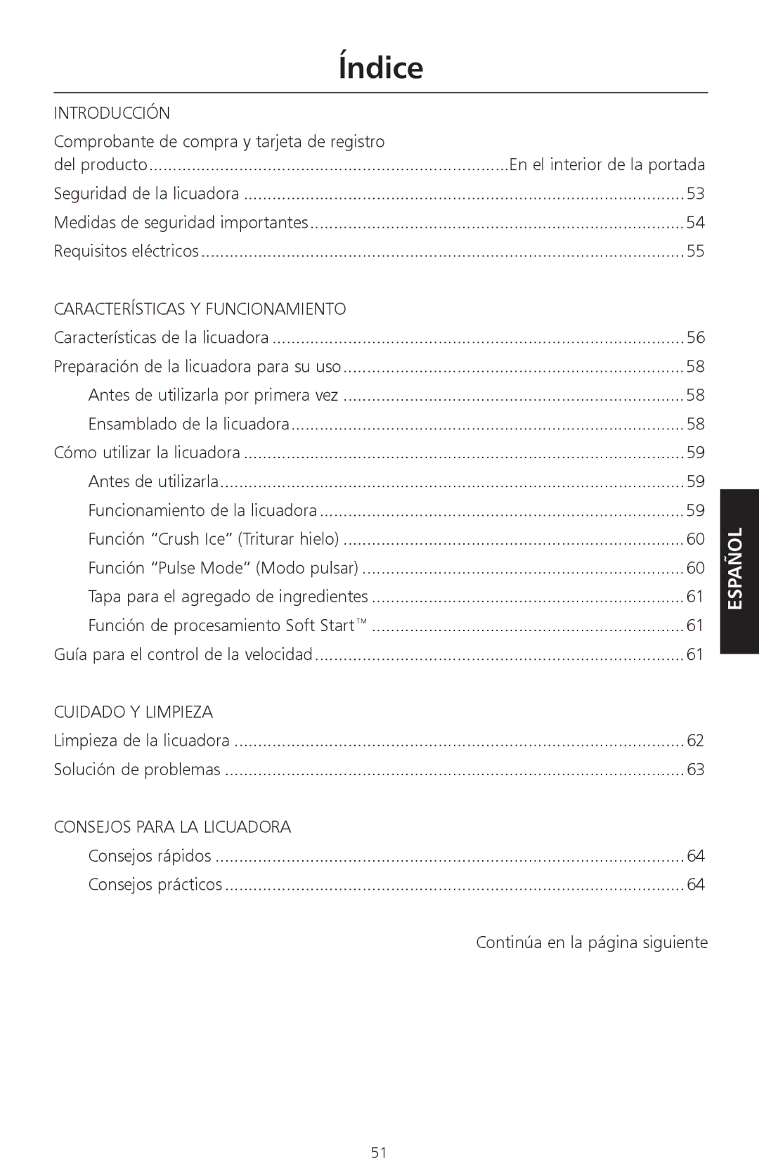 KitchenAid KSB560 Índice, Introducción, Características Y Funcionamiento, Cuidado Y Limpieza, Consejos Para LA Licuadora 