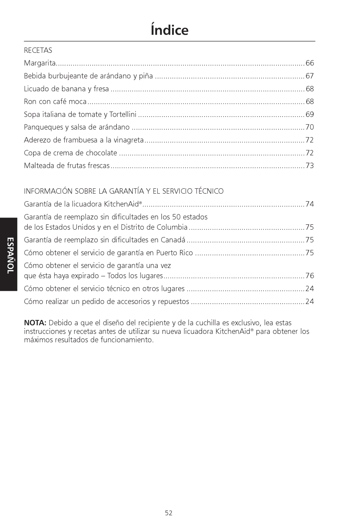 KitchenAid KSB570, KSB560, KSB580 manual Recetas, Información Sobre LA Garantía Y EL Servicio Técnico 