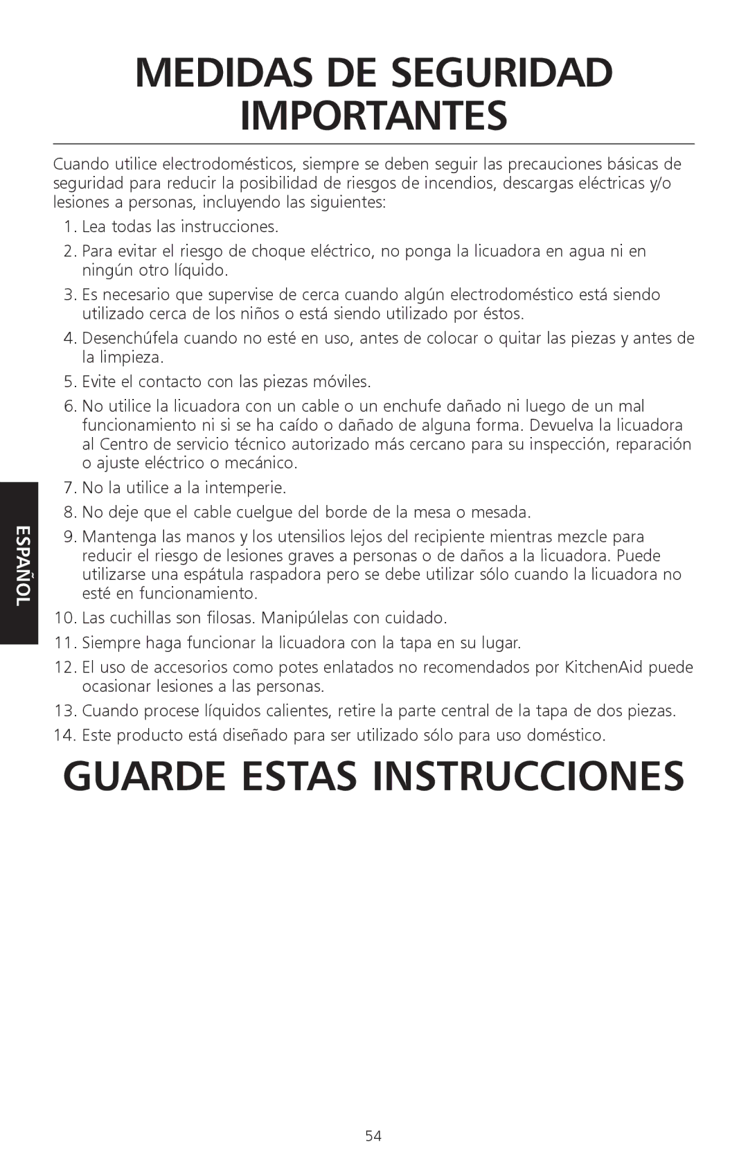 KitchenAid KSB560, KSB570, KSB580 manual Medidas DE Seguridad Importantes 