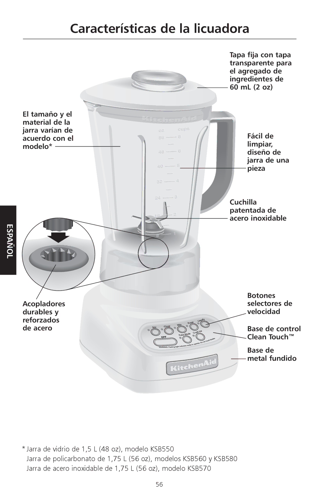 KitchenAid KSB580, KSB560, KSB570 manual Características de la licuadora, Jarra de vidrio de 1,5 L 48 oz, modelo KSB550 