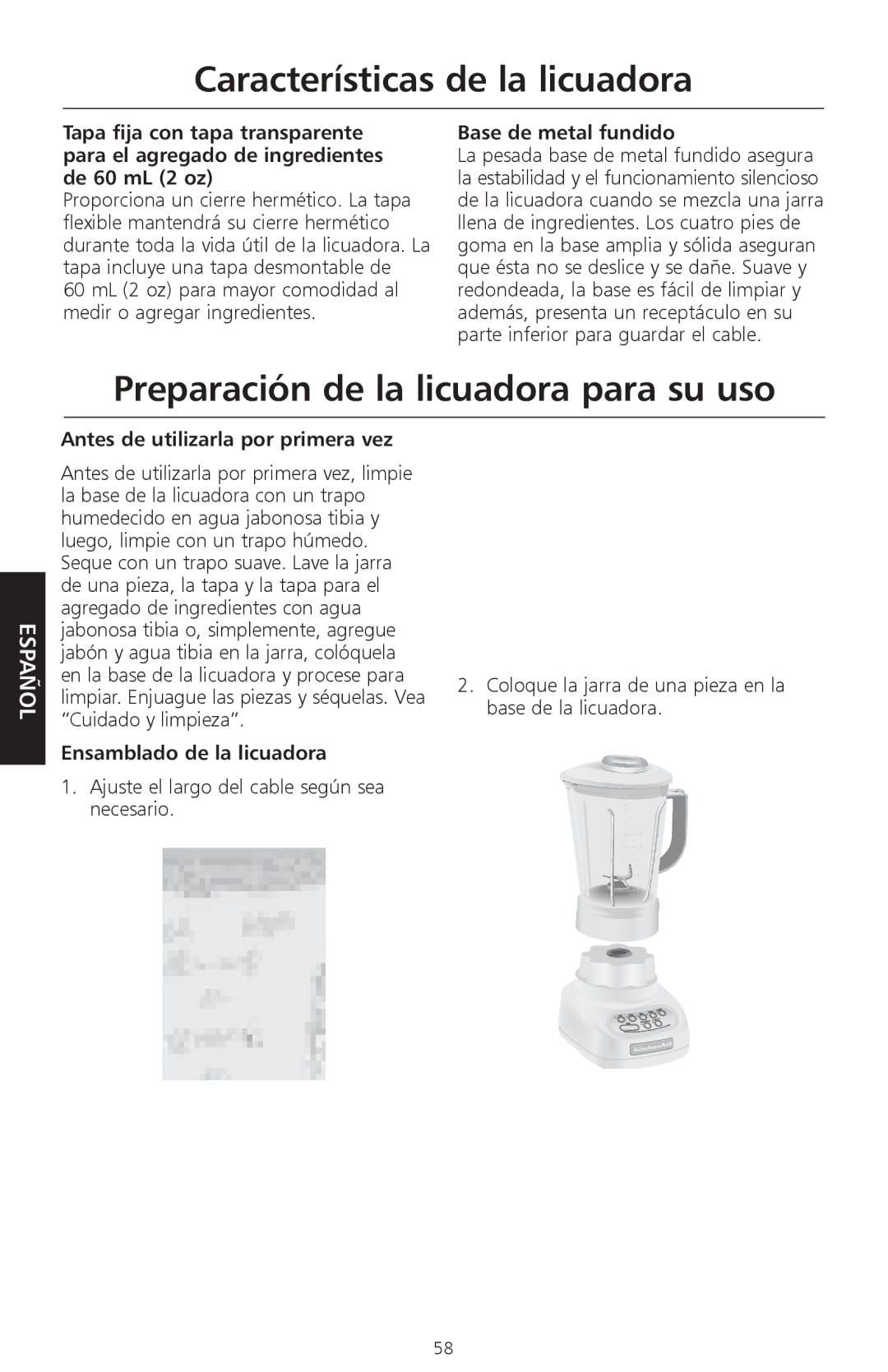 KitchenAid KSB570 Preparación de la licuadora para su uso, Antes de utilizarla por primera vez, Ensamblado de la licuadora 