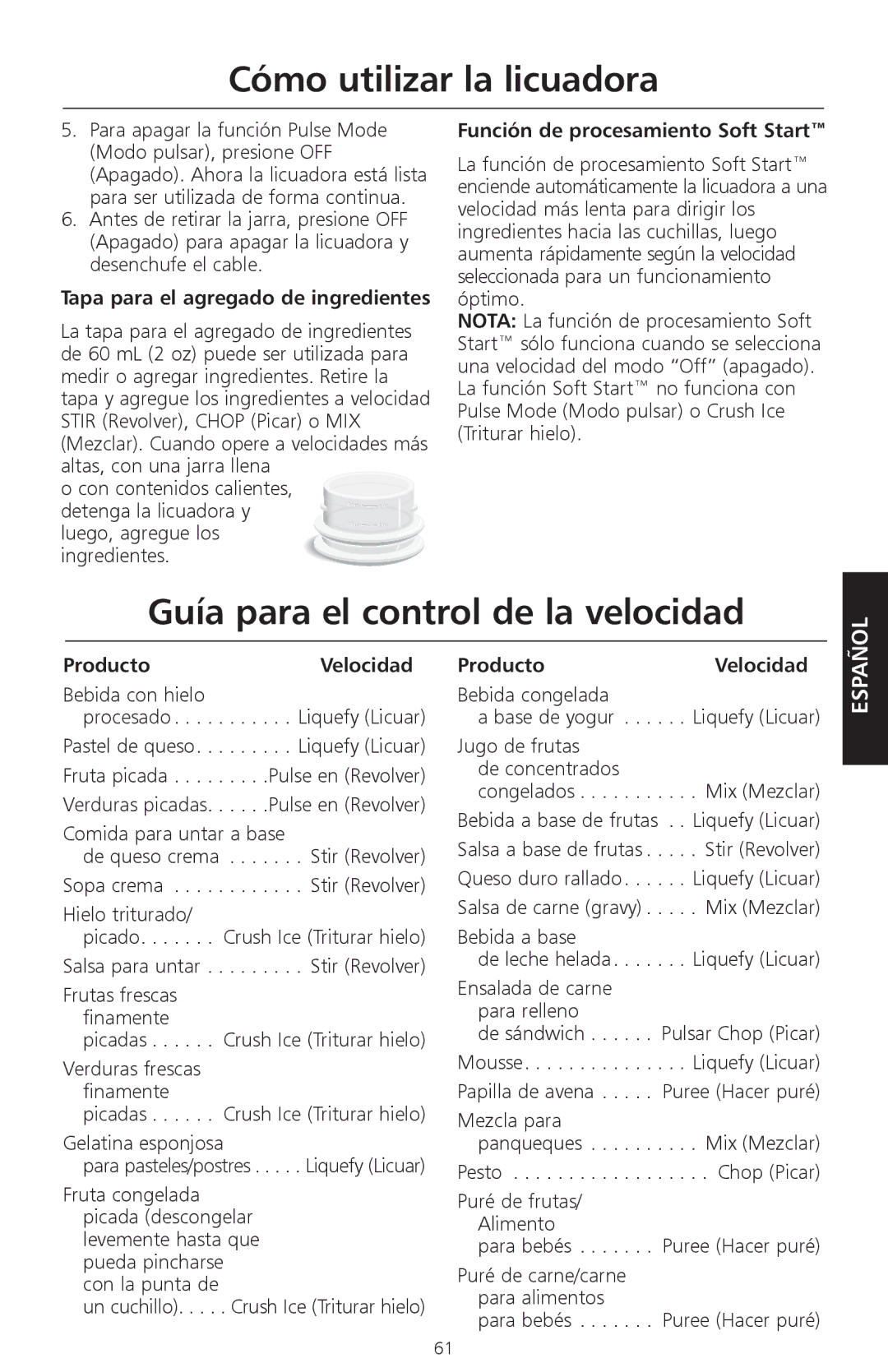 KitchenAid KSB570, KSB560 Guía para el control de la velocidad, Tapa para el agregado de ingredientes, ProductoVelocidad 