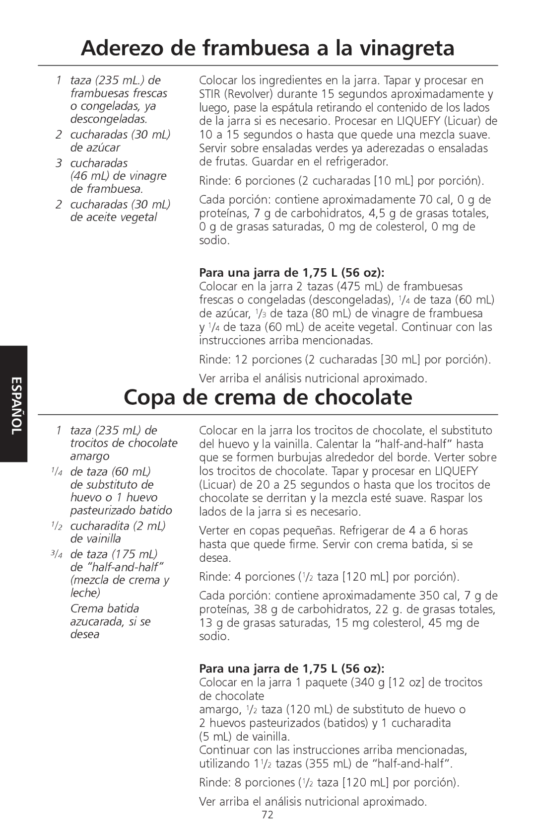 KitchenAid KSB560, KSB570, KSB580 manual Aderezo de frambuesa a la vinagreta, Copa de crema de chocolate 