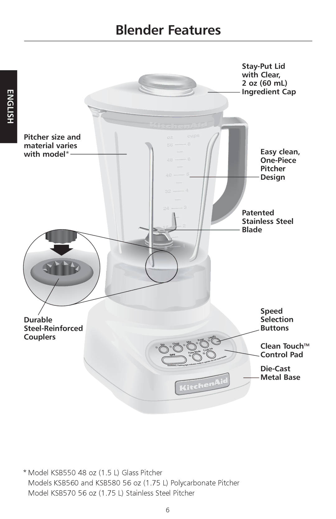 KitchenAid KSB560, KSB570, KSB580 manual Blender Features 