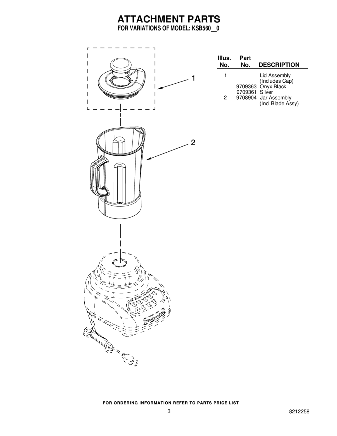 KitchenAid KSB560OB0, KSB560ER0, KSB560GC0, KSB560WH0, KSB560BW0 manual Attachment Parts, For Variations of Model KSB5600 