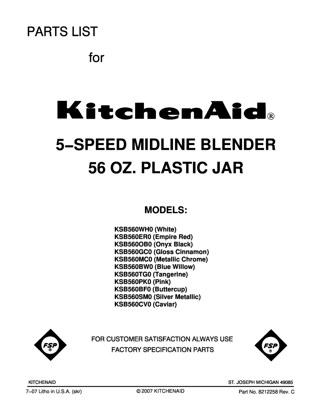 KitchenAid KSB560GC0 manual Models, KSB560WH0 White KSB560ER0 Empire Red KSB560OB0 Onyx Black, 5−SPEED MIDLINE BLENDER 