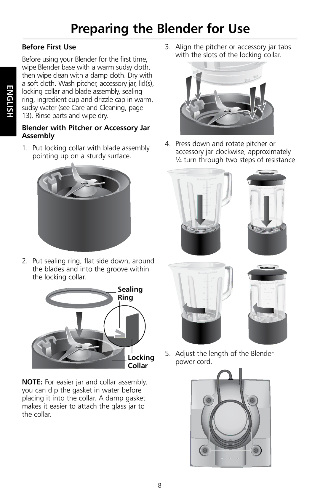 KitchenAid KSB755, KSB655 Preparing the Blender for use, Before first use, Blender with Pitcher or Accessory Jar Assembly 