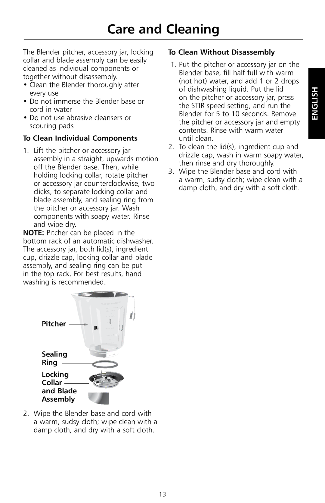 KitchenAid KSB655, KSB755 manual Care and cleaning, To clean Individual components, Wipe dry, To clean Without Disassembly 