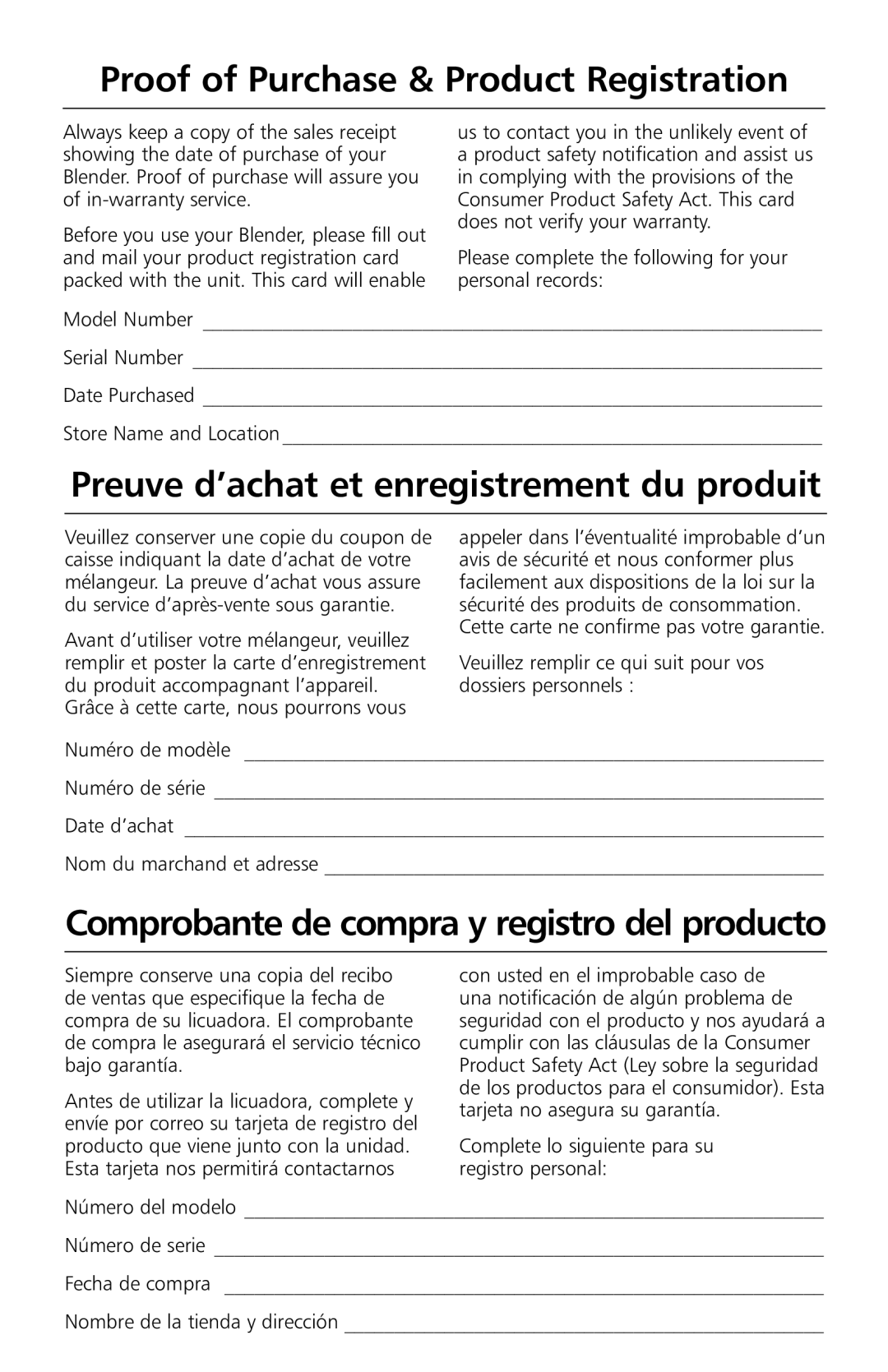 KitchenAid KSB755, KSB655 manual Proof of Purchase & Product Registration, Preuve d’achat et enregistrement du produit 